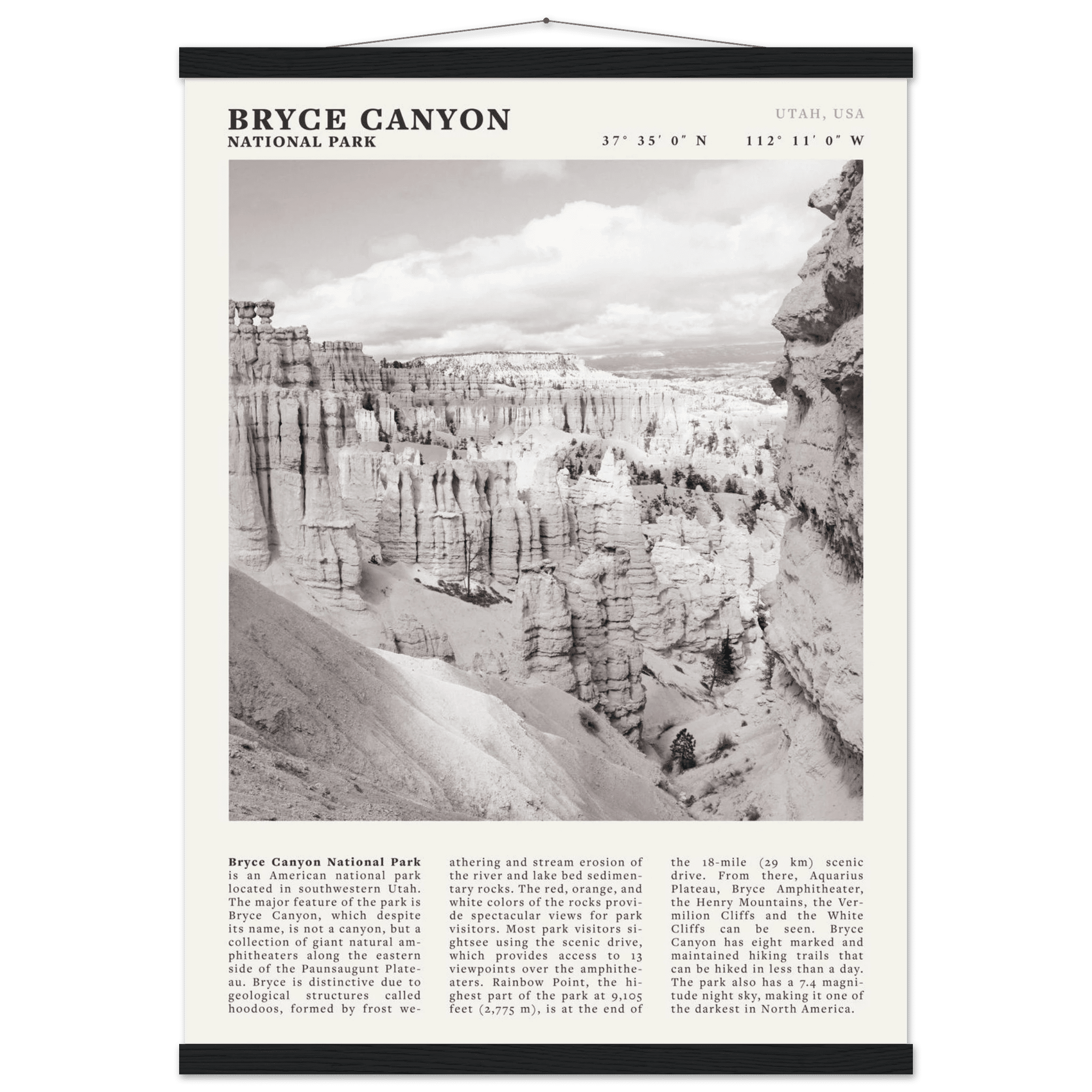 Bryce Canyon National Park Poster | Black & White Utah Hoodoos Wall Art Print - Evergreen Posters - 60