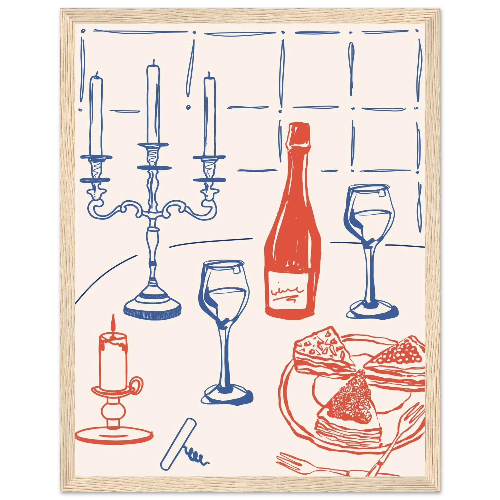 Candlelight Dinner Print | Wine & Candelabra Line Art Wall Art | Kitchen Poster - Evergreen Posters