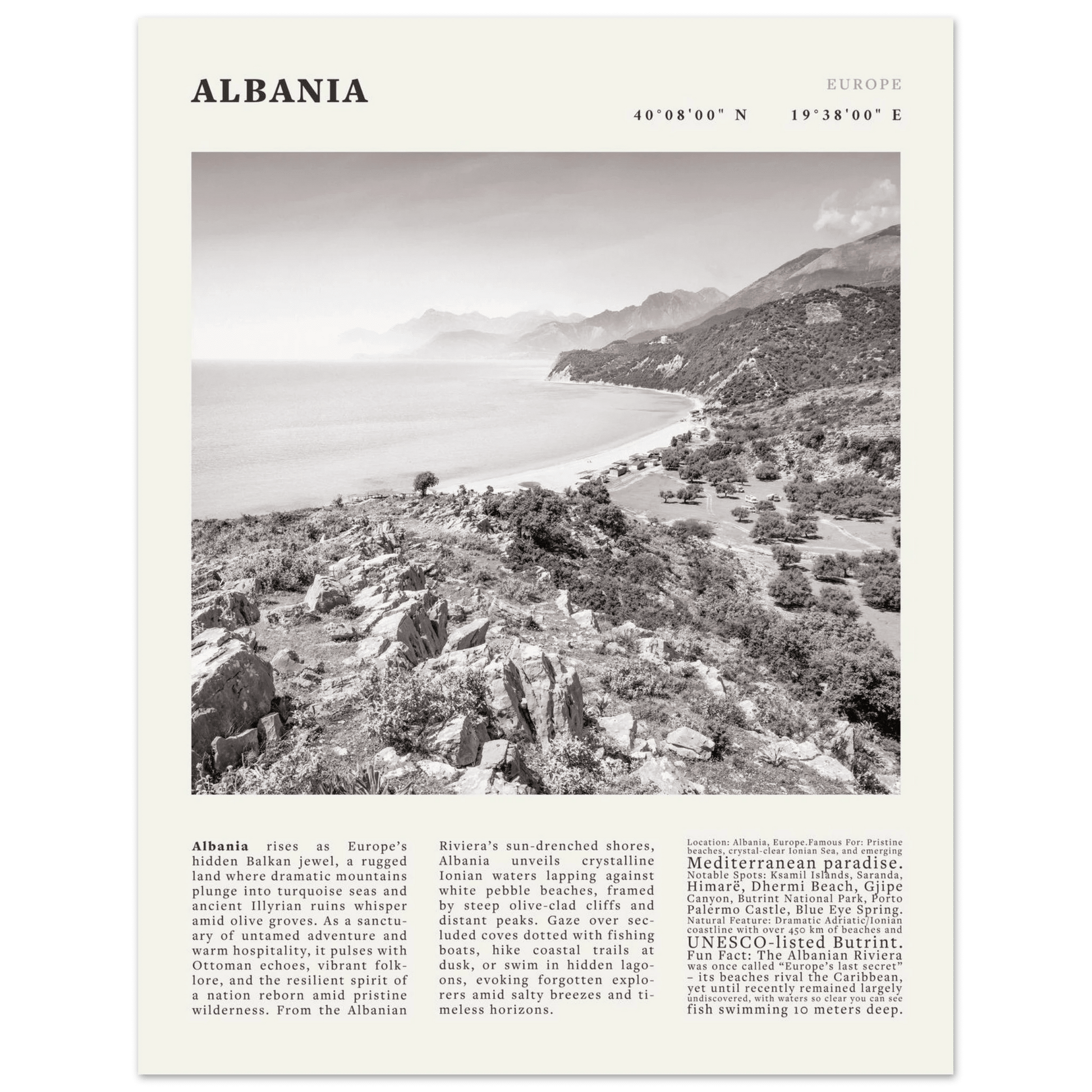 Albania Poster Black and White – Vintage Albanian Riviera Travel Print (Digital & Printed Options) - Evergreen Posters