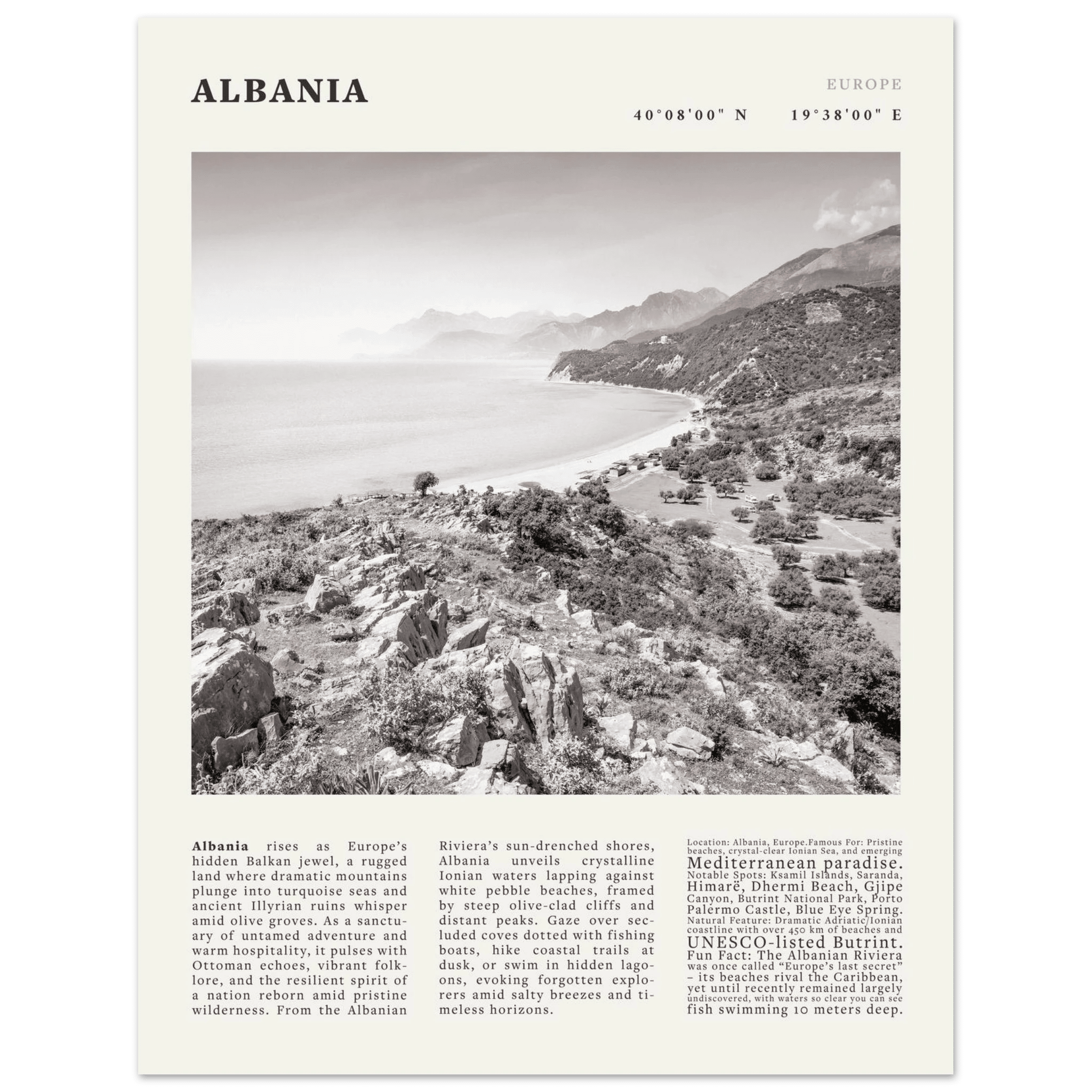 Albania Poster Black and White – Vintage Albanian Riviera Travel Print (Digital & Printed Options) - Evergreen Posters