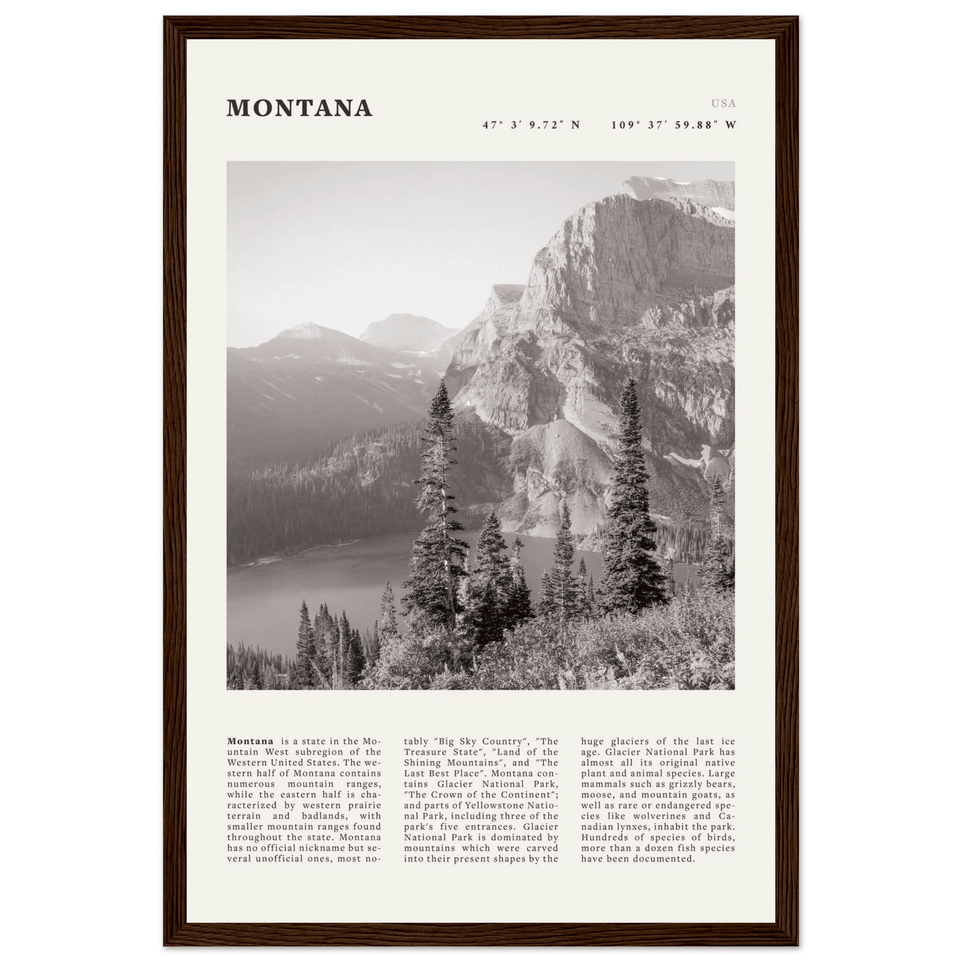 Montana Poster | Black & White Glacier National Park Wall Art | Nature Travel Print - Evergreen Posters