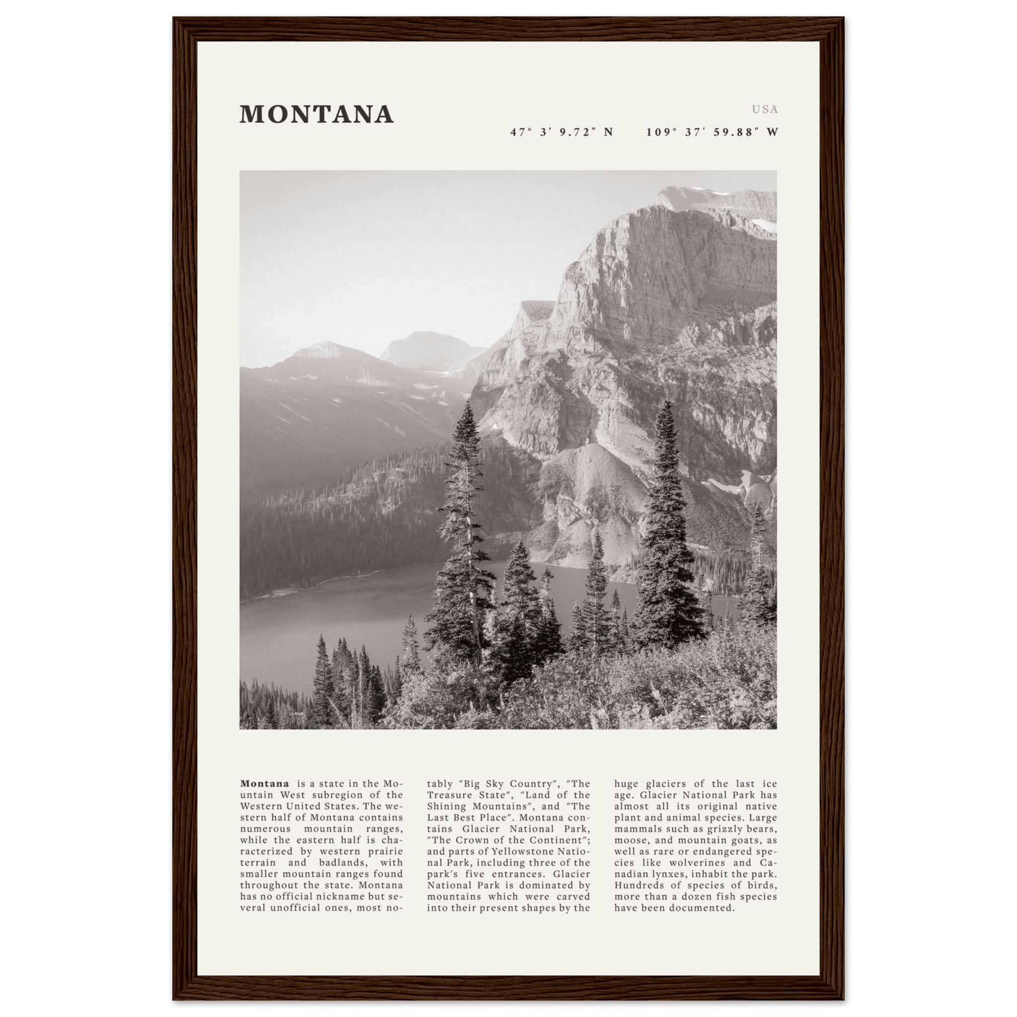 Montana Poster | Black & White Glacier National Park Wall Art | Nature Travel Print - Evergreen Posters
