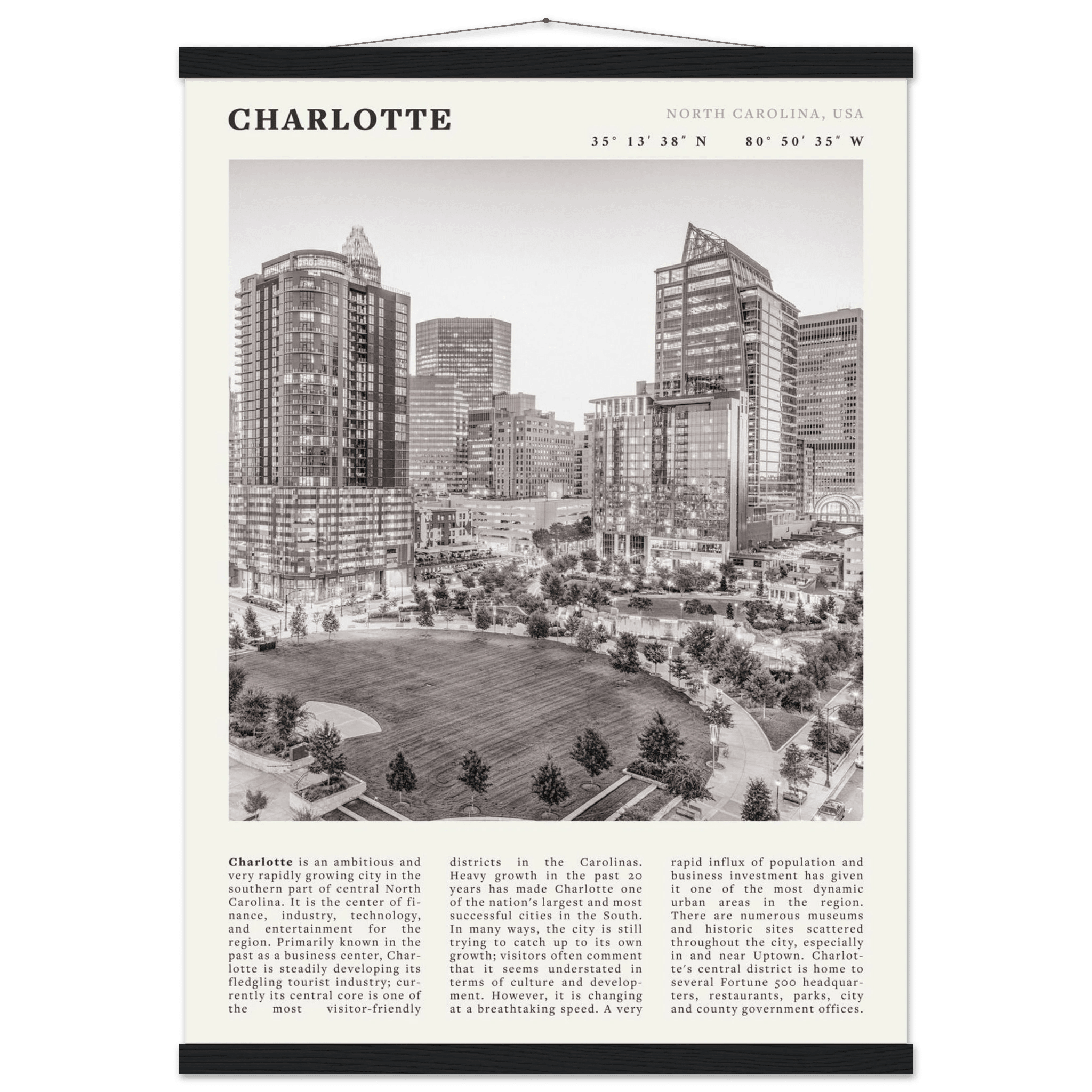 Charlotte Poster | Black & White North Carolina Skyline Wall Art | NC Travel Print - Evergreen Posters