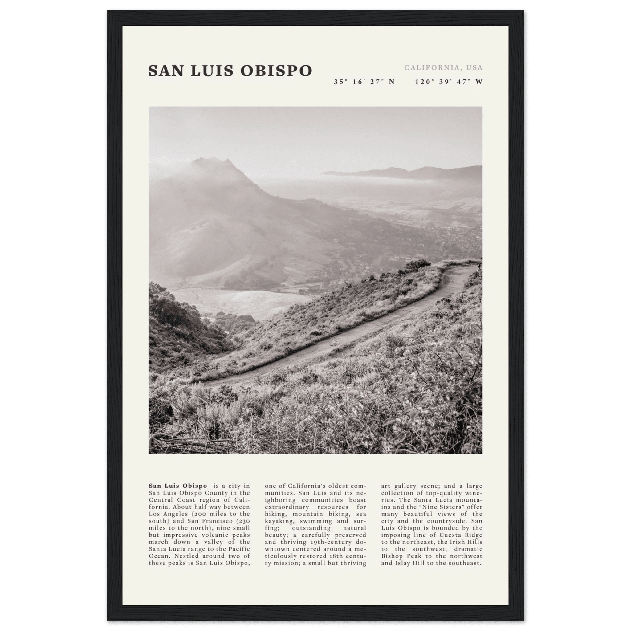 San Luis Obispo Poster | Black & White California Wall Art | SLO Travel Print - Evergreen Posters