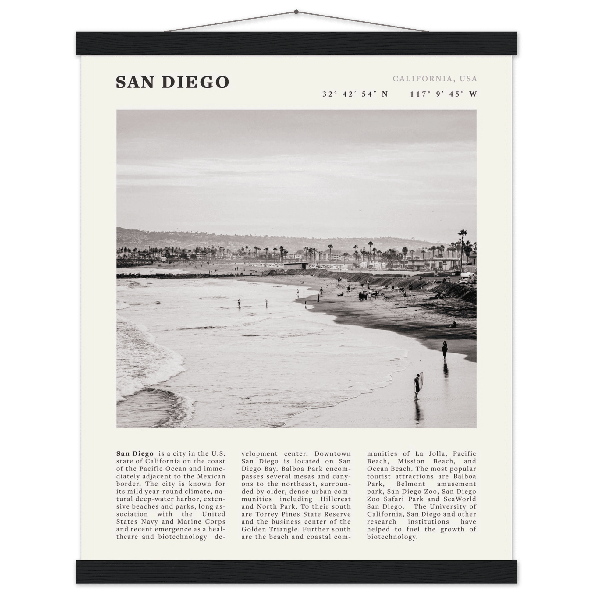 San Diego Poster | Black & White California Beach Wall Art | Coastal Travel Print Decor - Evergreen Posters