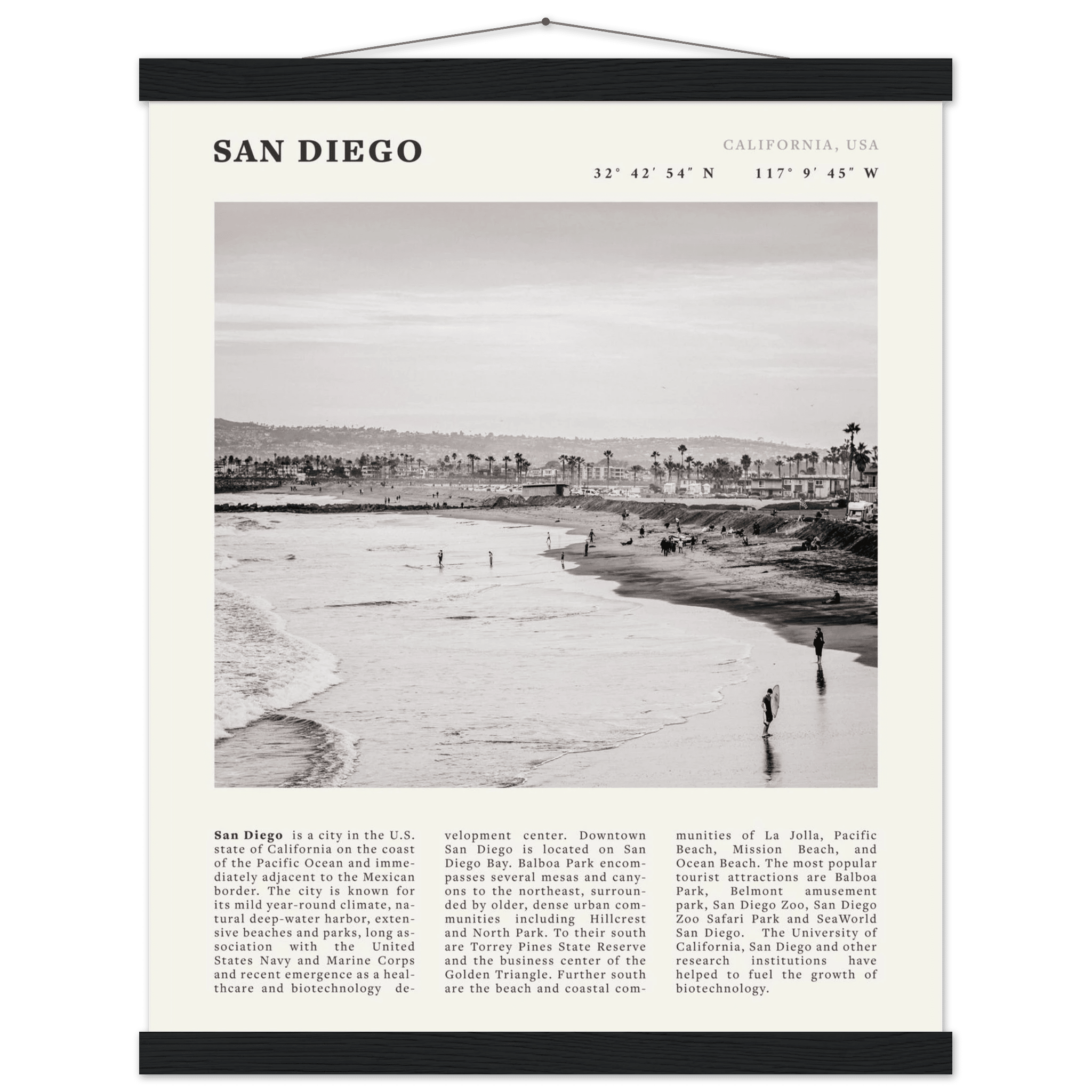 San Diego Poster | Black & White California Beach Wall Art | Coastal Travel Print Decor - Evergreen Posters