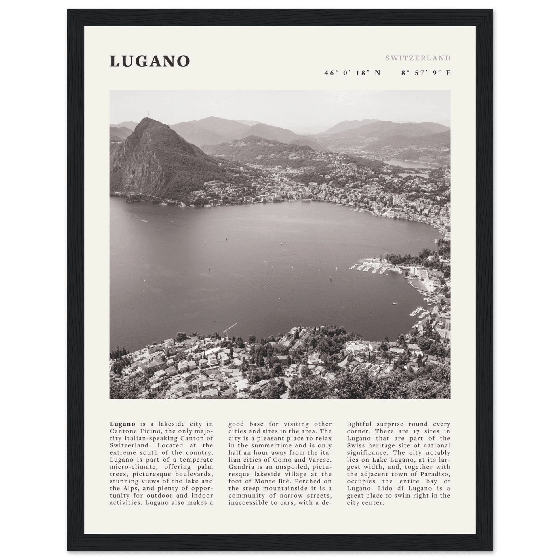 Lugano Poster | Black & White Swiss Lake Wall Art | Switzerland Travel Print - Evergreen Posters
