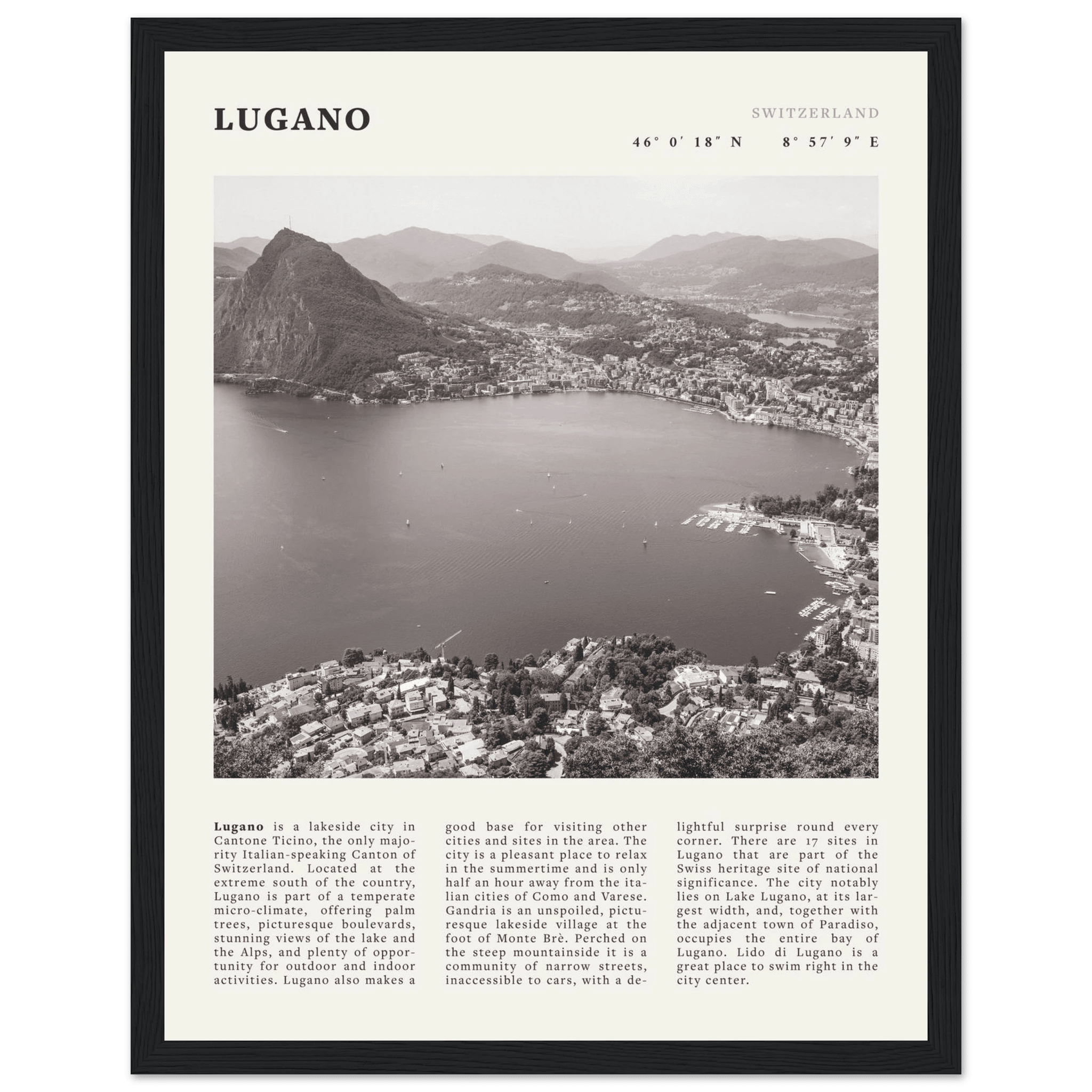 Lugano Poster | Black & White Swiss Lake Wall Art | Switzerland Travel Print - Evergreen Posters