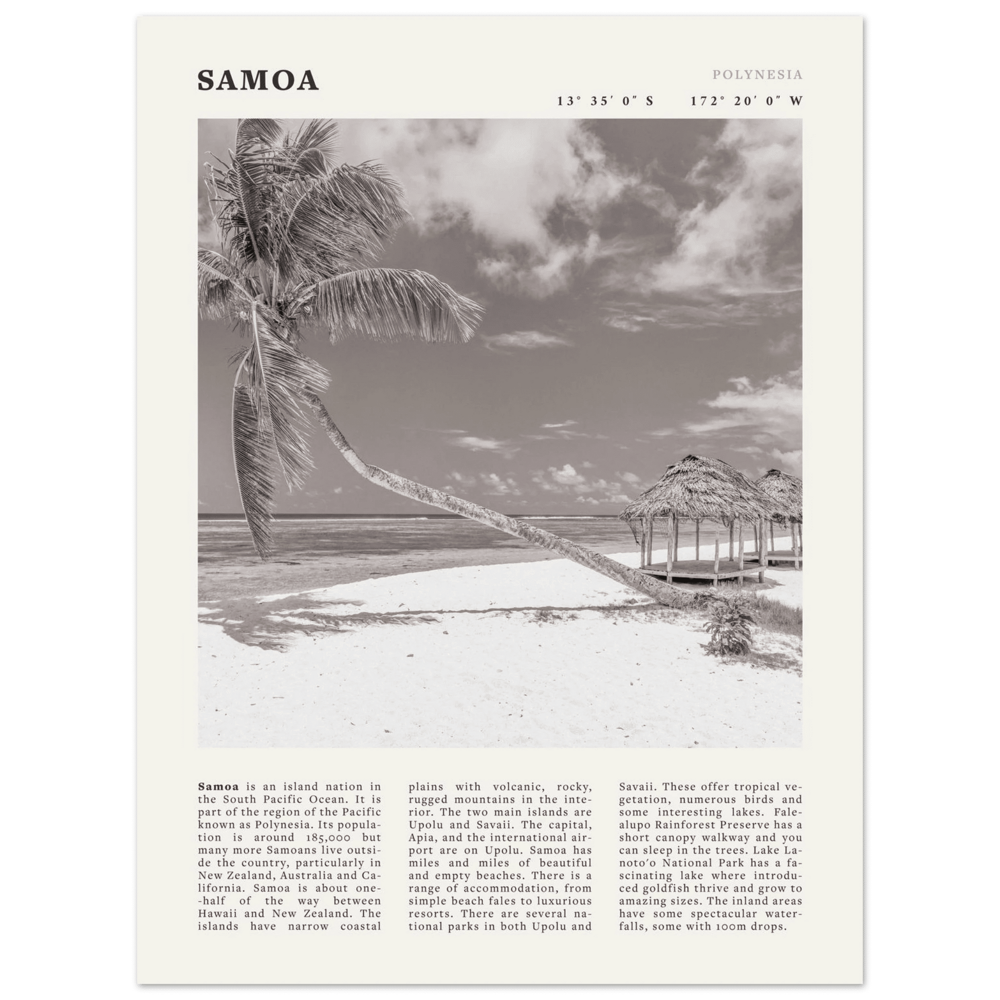 Samoa Poster | Black & White South Pacific Beach Wall Art | Polynesia Travel Print - Evergreen Posters