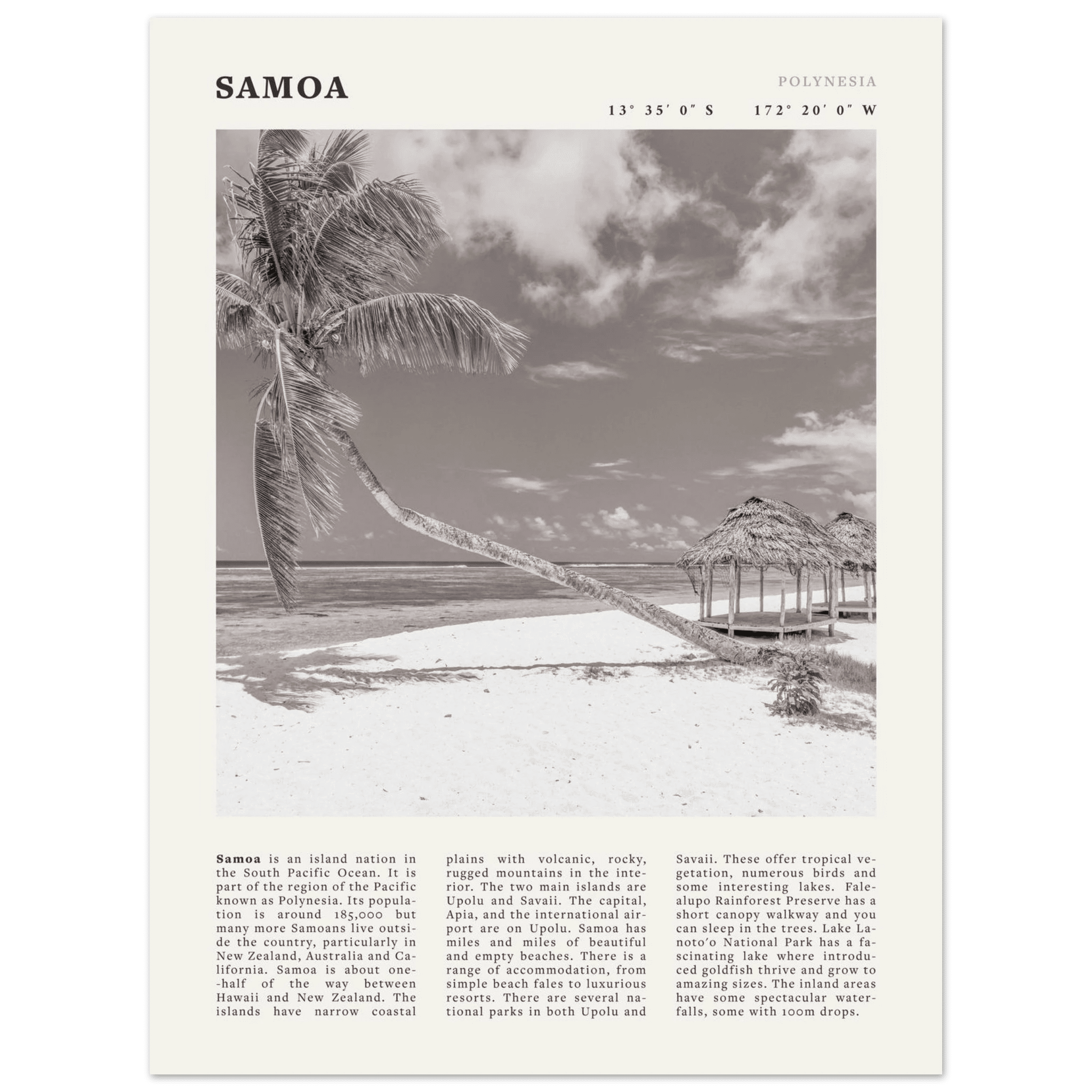 Samoa Poster | Black & White South Pacific Beach Wall Art | Polynesia Travel Print - Evergreen Posters