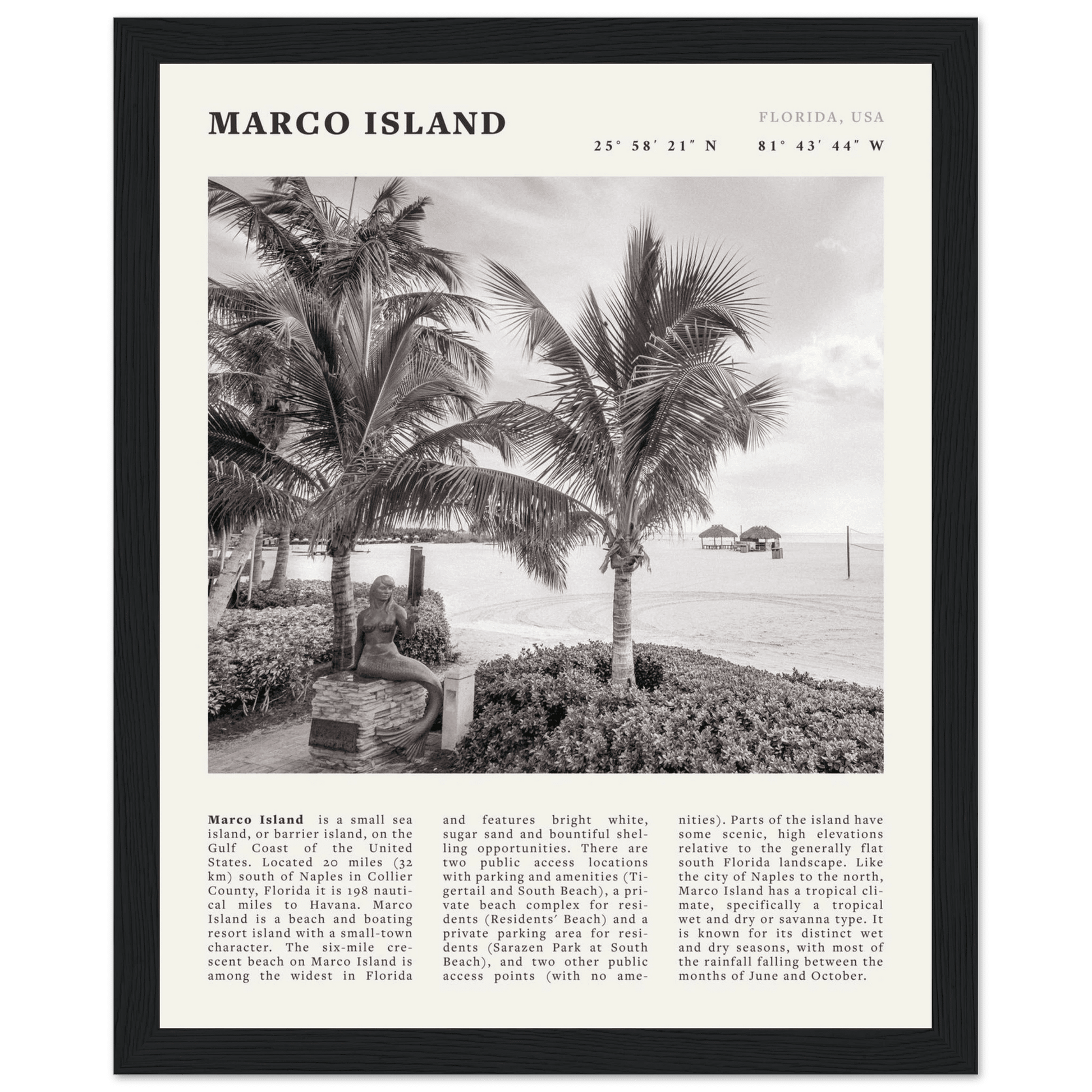 Marco Island Poster | Black & White Florida Beach Wall Art | Coastal Travel Print - Evergreen Posters