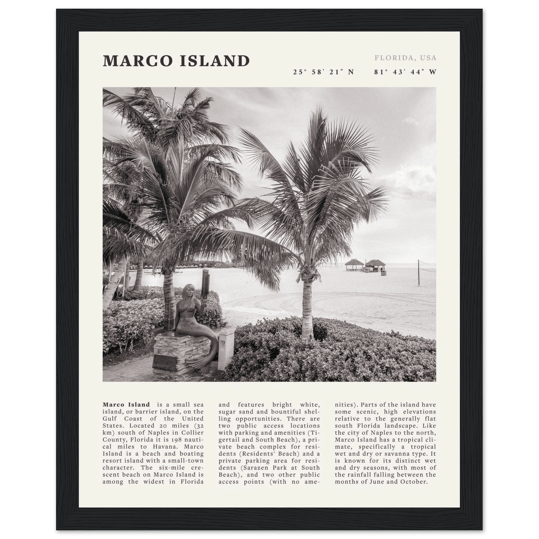Marco Island Poster | Black & White Florida Beach Wall Art | Coastal Travel Print - Evergreen Posters