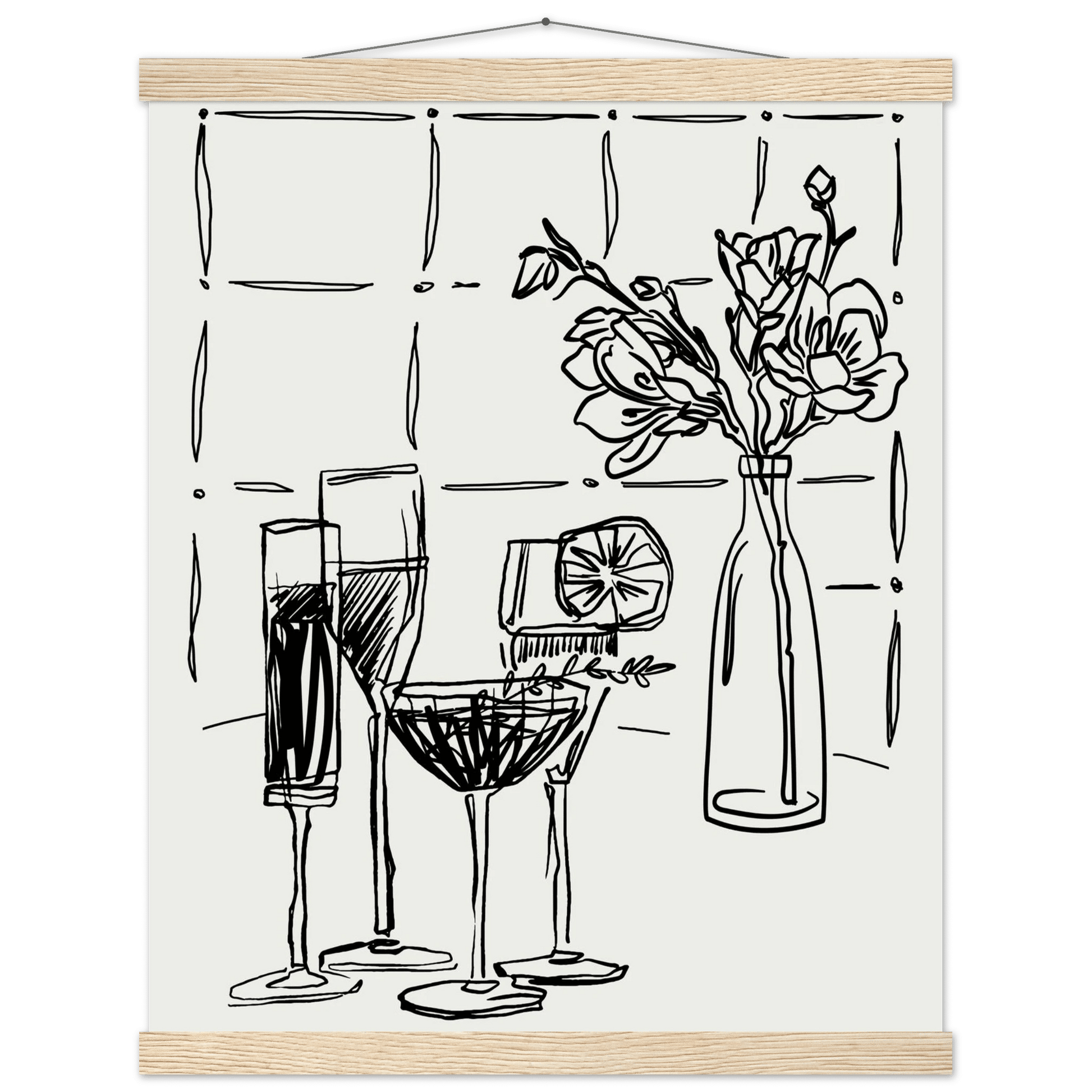 Cocktails & Flowers Print | Black Line Art Drinks Wall Art | Kitchen Bar Poster - Evergreen Posters