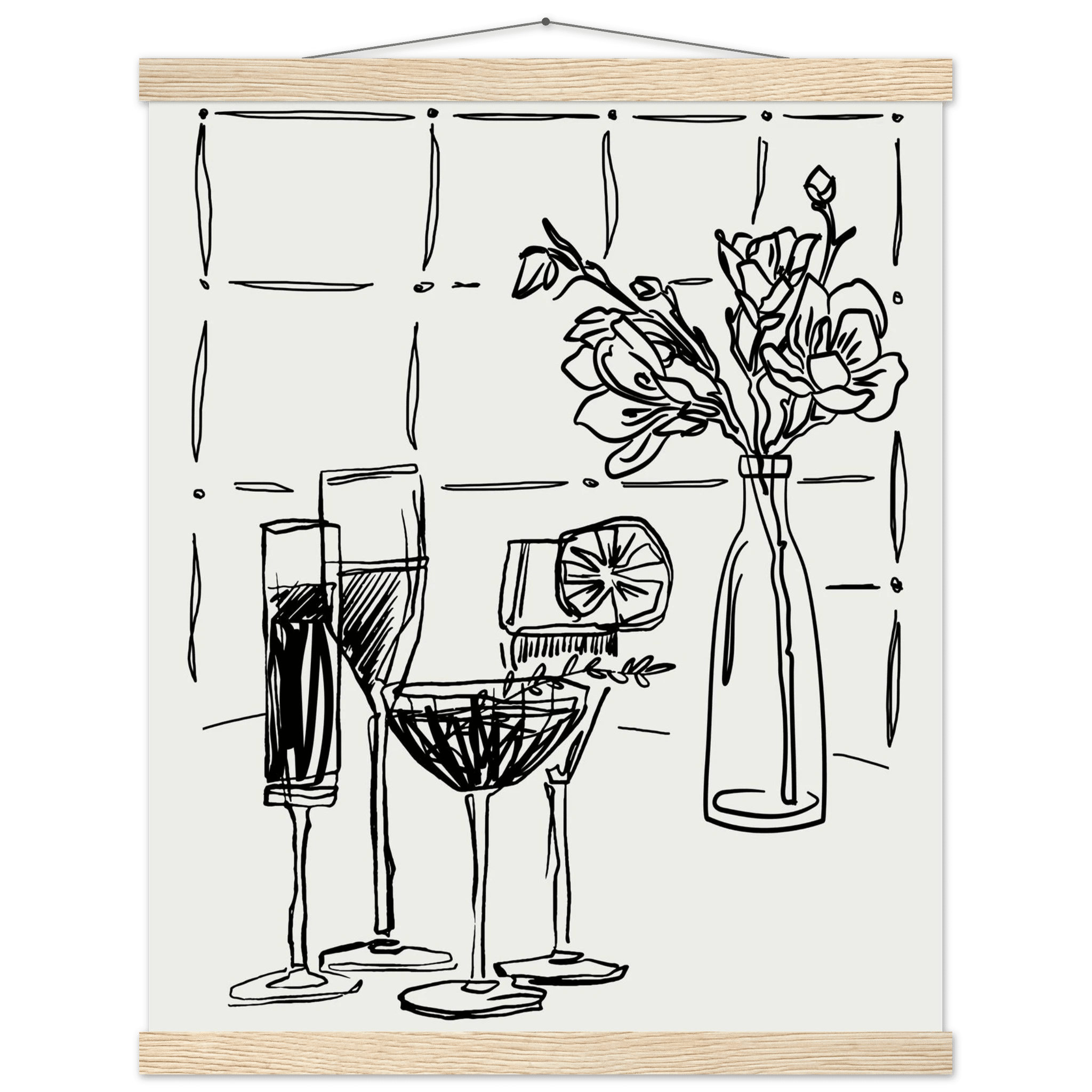 Cocktails & Flowers Print | Black Line Art Drinks Wall Art | Kitchen Bar Poster - Evergreen Posters