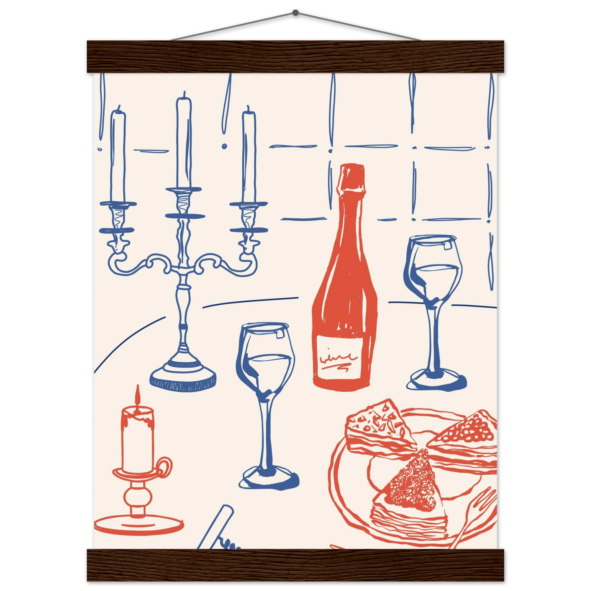 Candlelight Dinner Print | Wine & Candelabra Line Art Wall Art | Kitchen Poster - Evergreen Posters