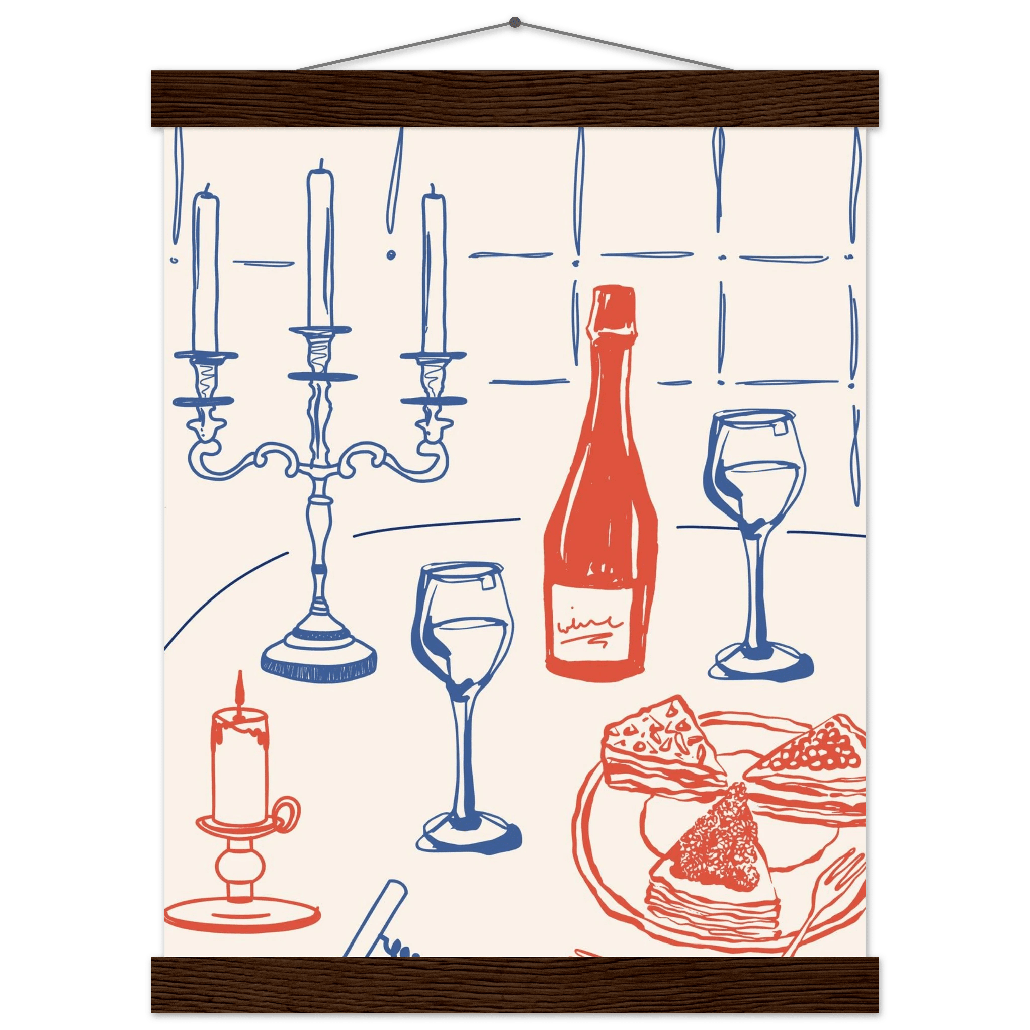 Candlelight Dinner Print | Wine & Candelabra Line Art Wall Art | Kitchen Poster - Evergreen Posters