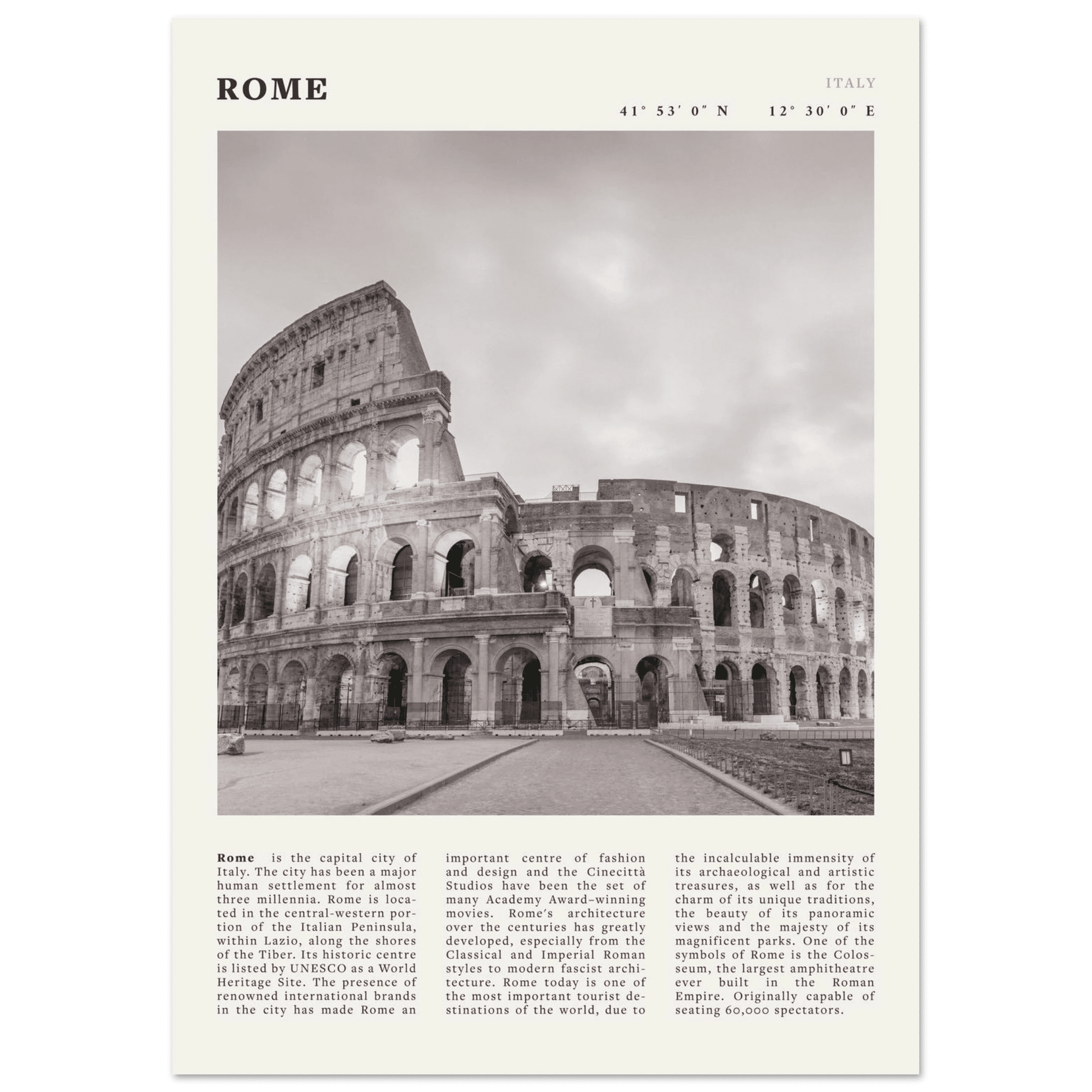 Rome Poster | Black & White Colosseum Wall Art | Italy Travel Print | Roman Decor - Evergreen Posters
