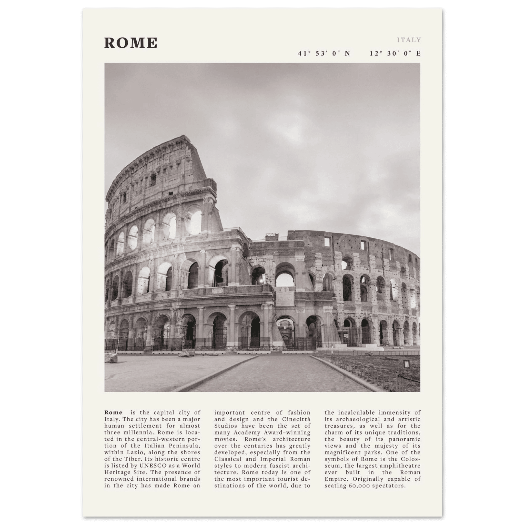 Rome Poster | Black & White Colosseum Wall Art | Italy Travel Print | Roman Decor - Evergreen Posters