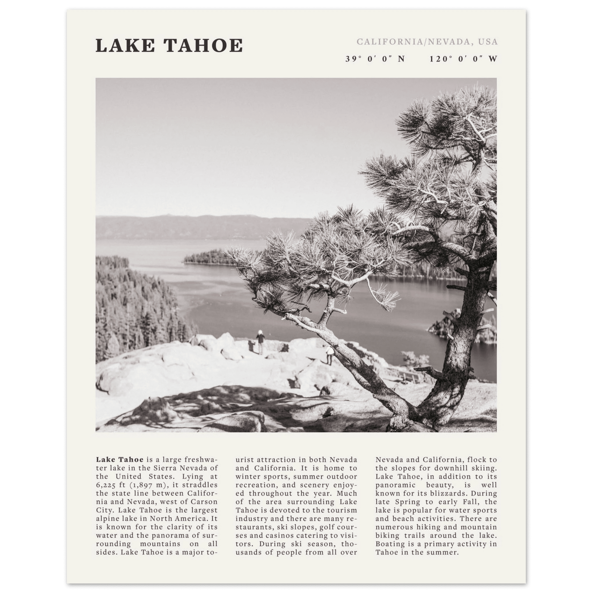 Lake Tahoe Poster | Black & White California Nevada Wall Art | Nature Travel Print Decor - Evergreen Posters