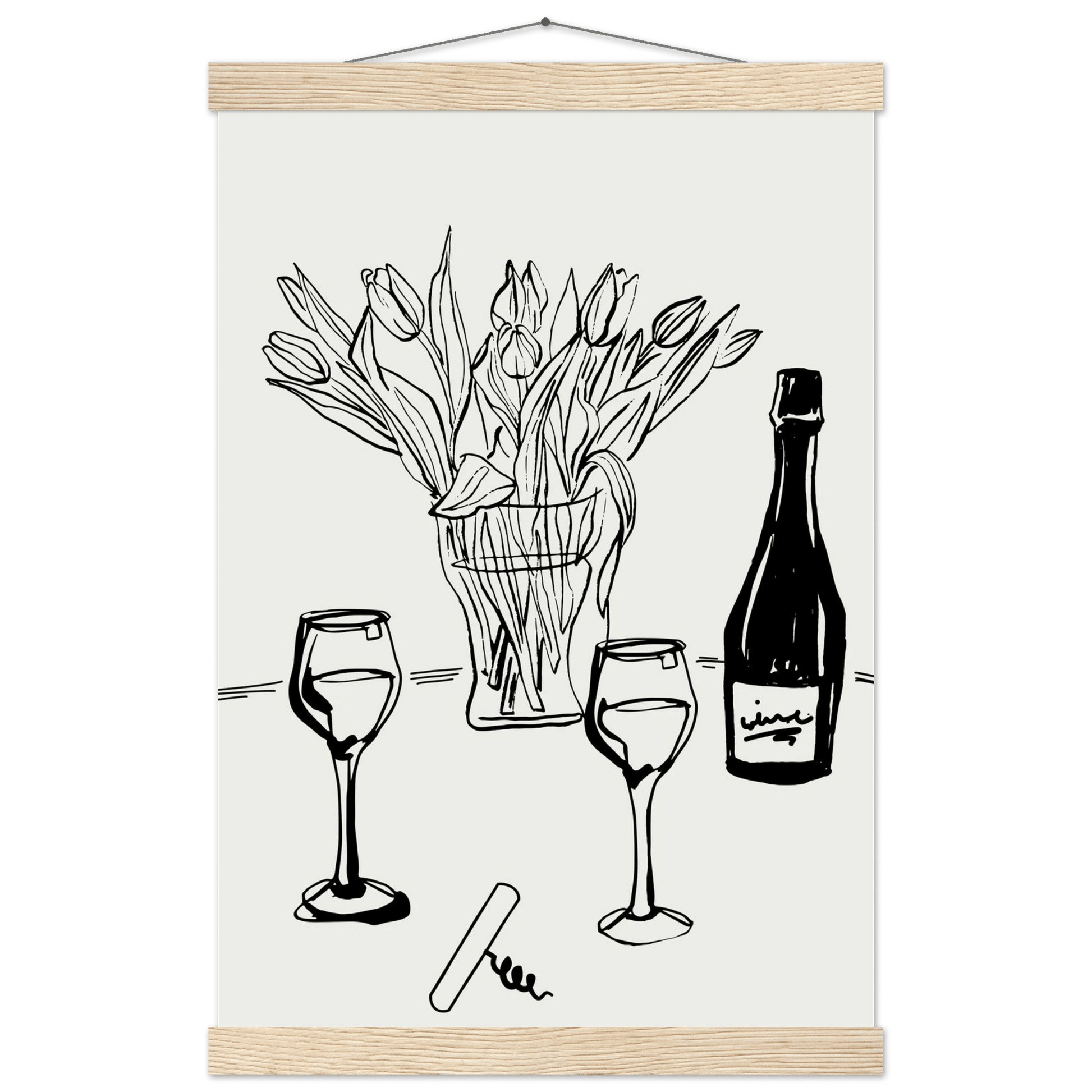 Wine & Tulips Print | Black Line Art Wine Bottle Wall Art | Minimalist Kitchen Poster - Evergreen Posters