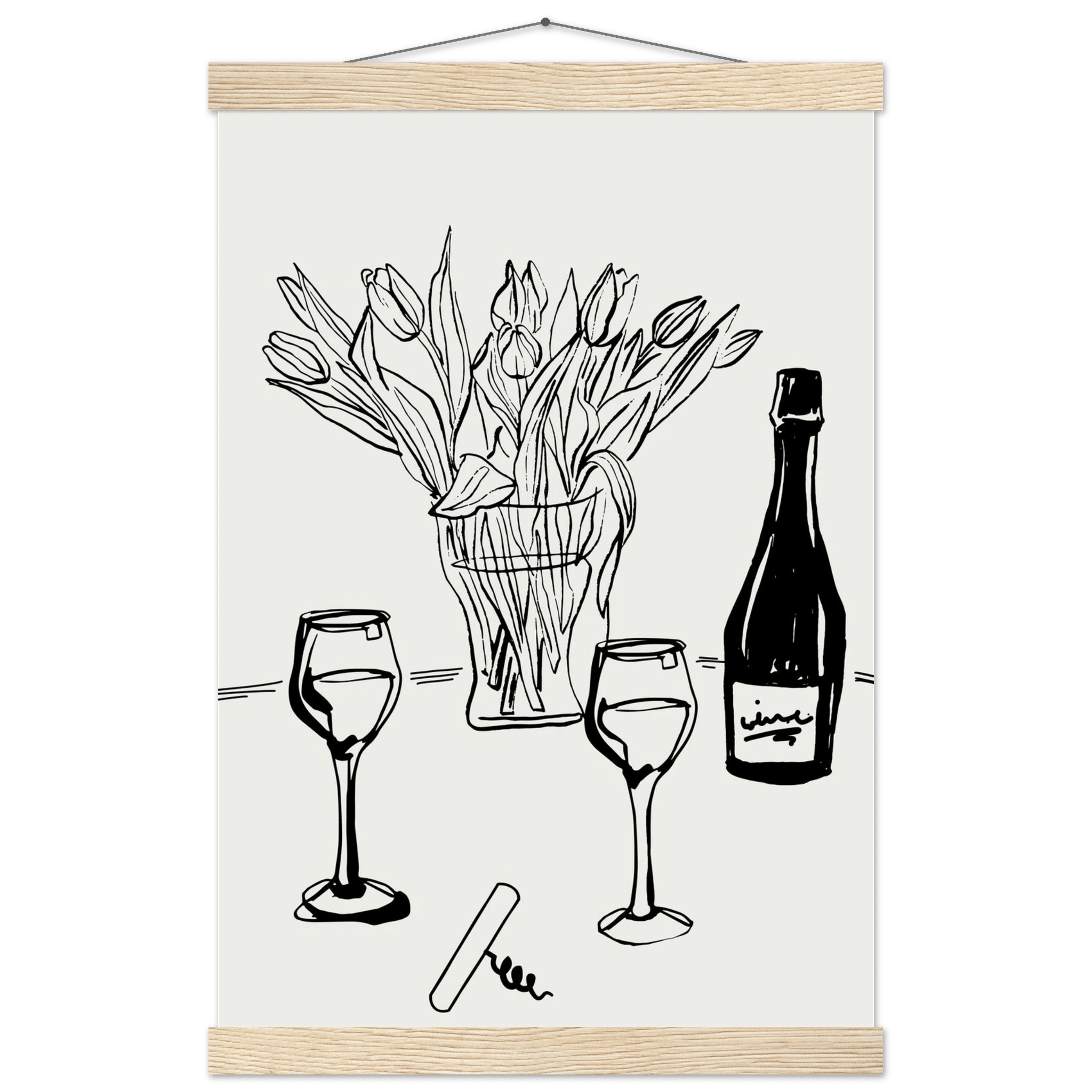 Wine & Tulips Print | Black Line Art Wine Bottle Wall Art | Minimalist Kitchen Poster - Evergreen Posters