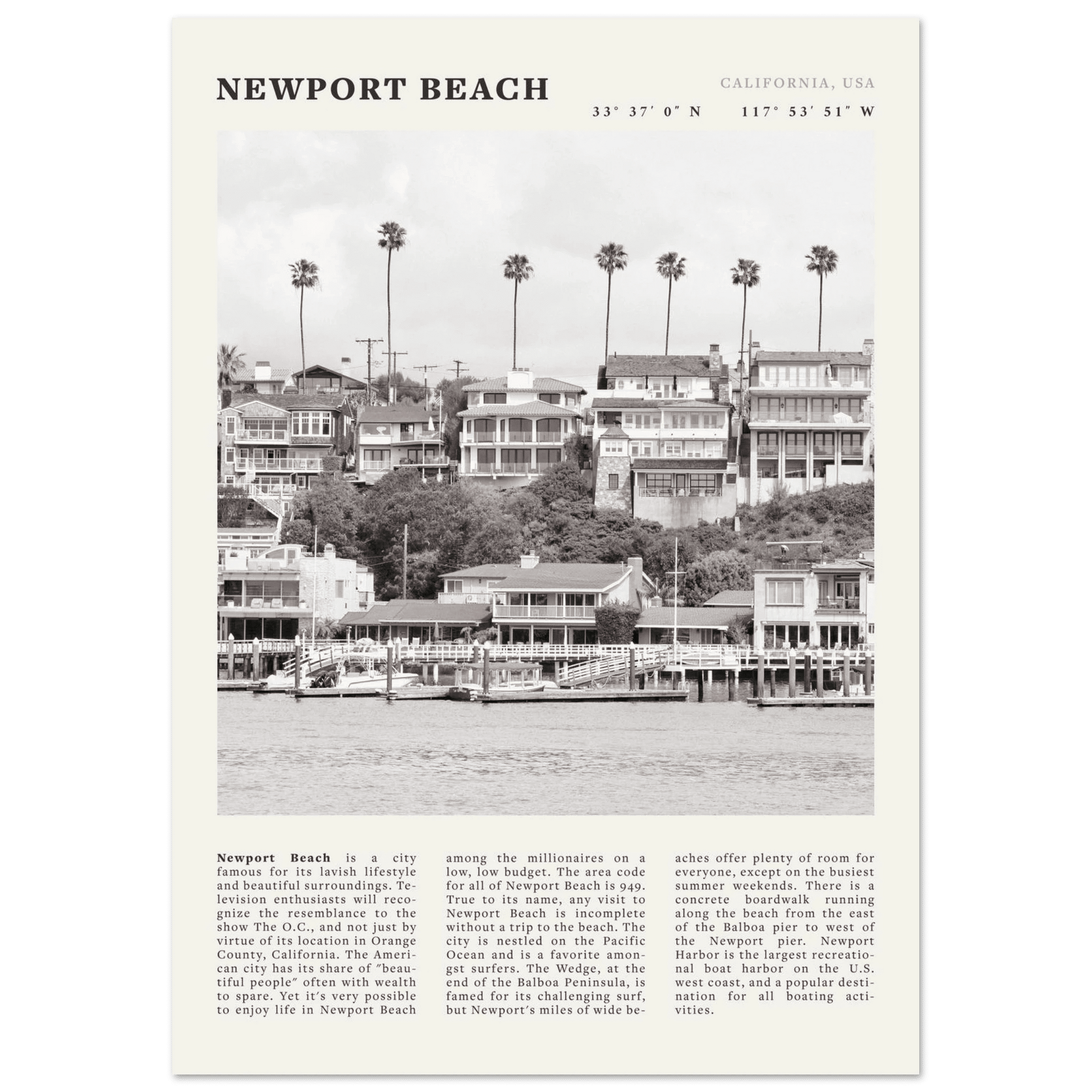 Newport Beach Poster | Black & White California Harbor Wall Art | Coastal Print - Evergreen Posters