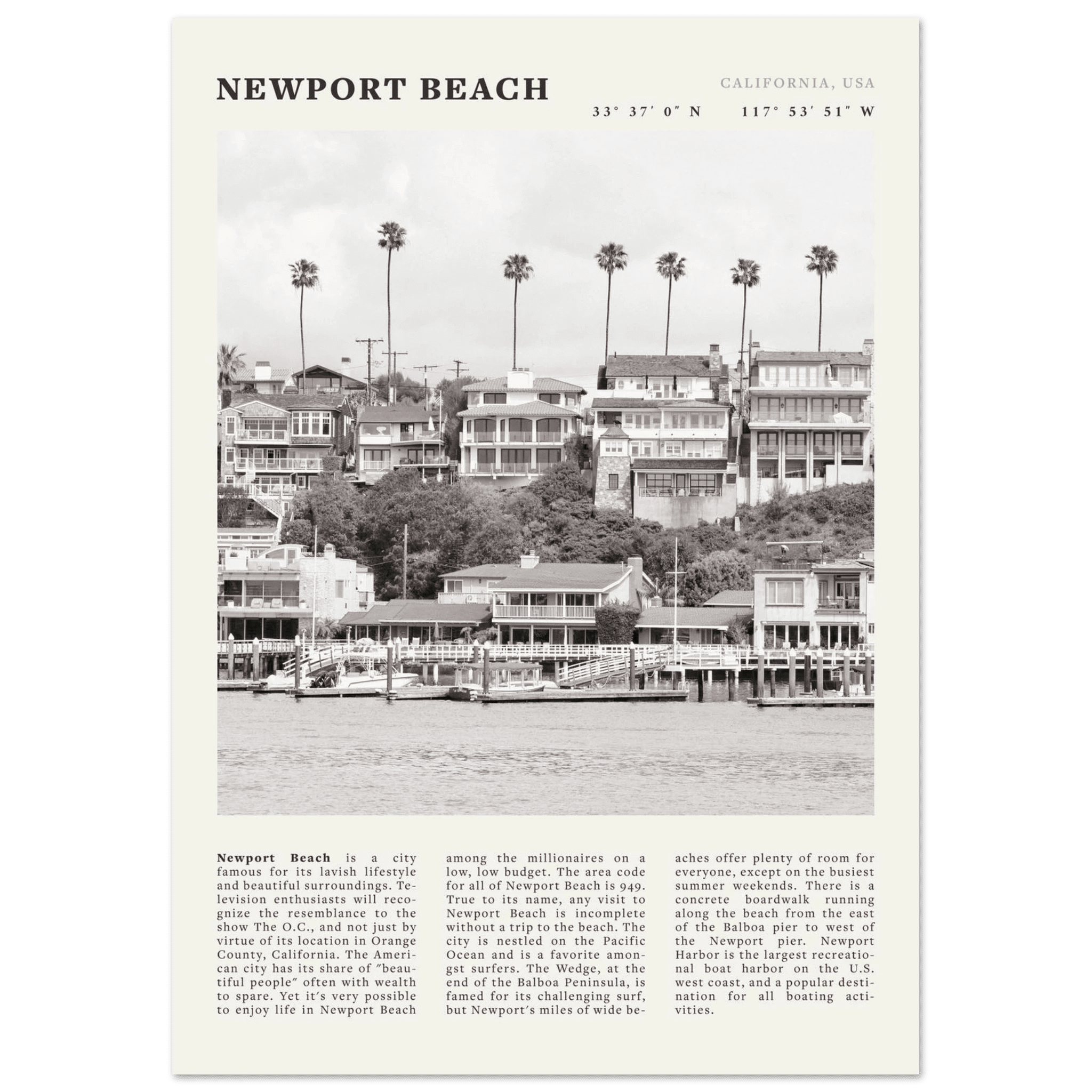 Newport Beach Poster | Black & White California Harbor Wall Art | Coastal Print - Evergreen Posters