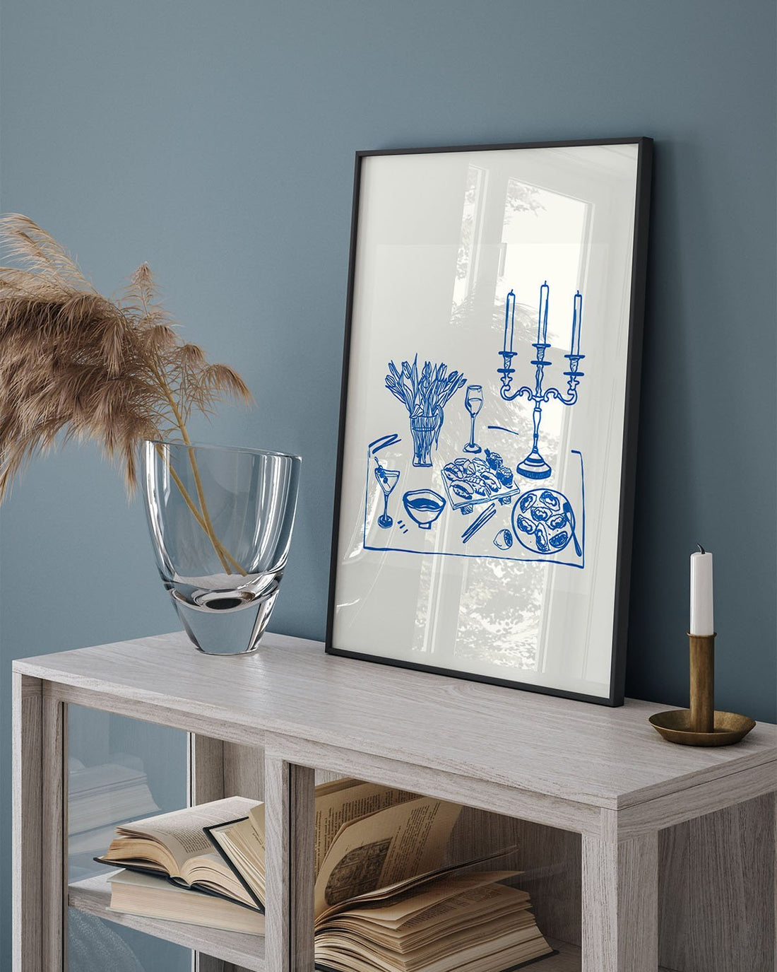 Fine Dining Table Print | Blue Line Art Kitchen Wall Art | Elegant Dining Room Poster - Evergreen Posters