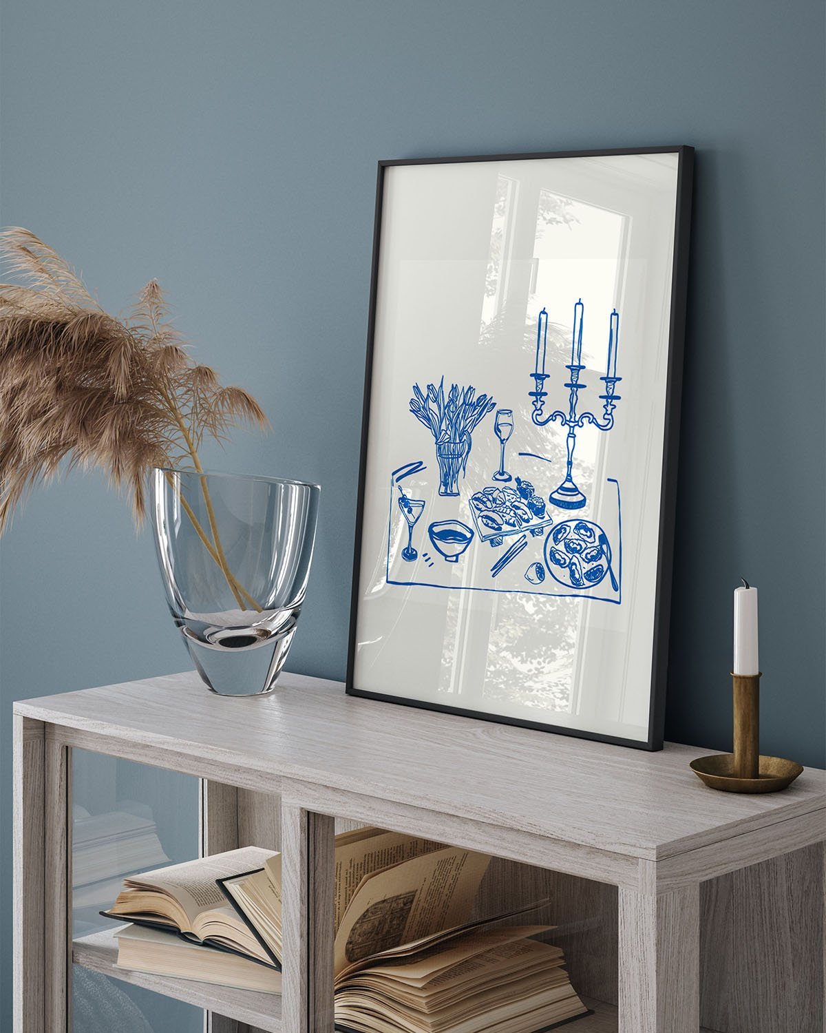 Fine Dining Table Print | Blue Line Art Kitchen Wall Art | Elegant Dining Room Poster - Evergreen Posters