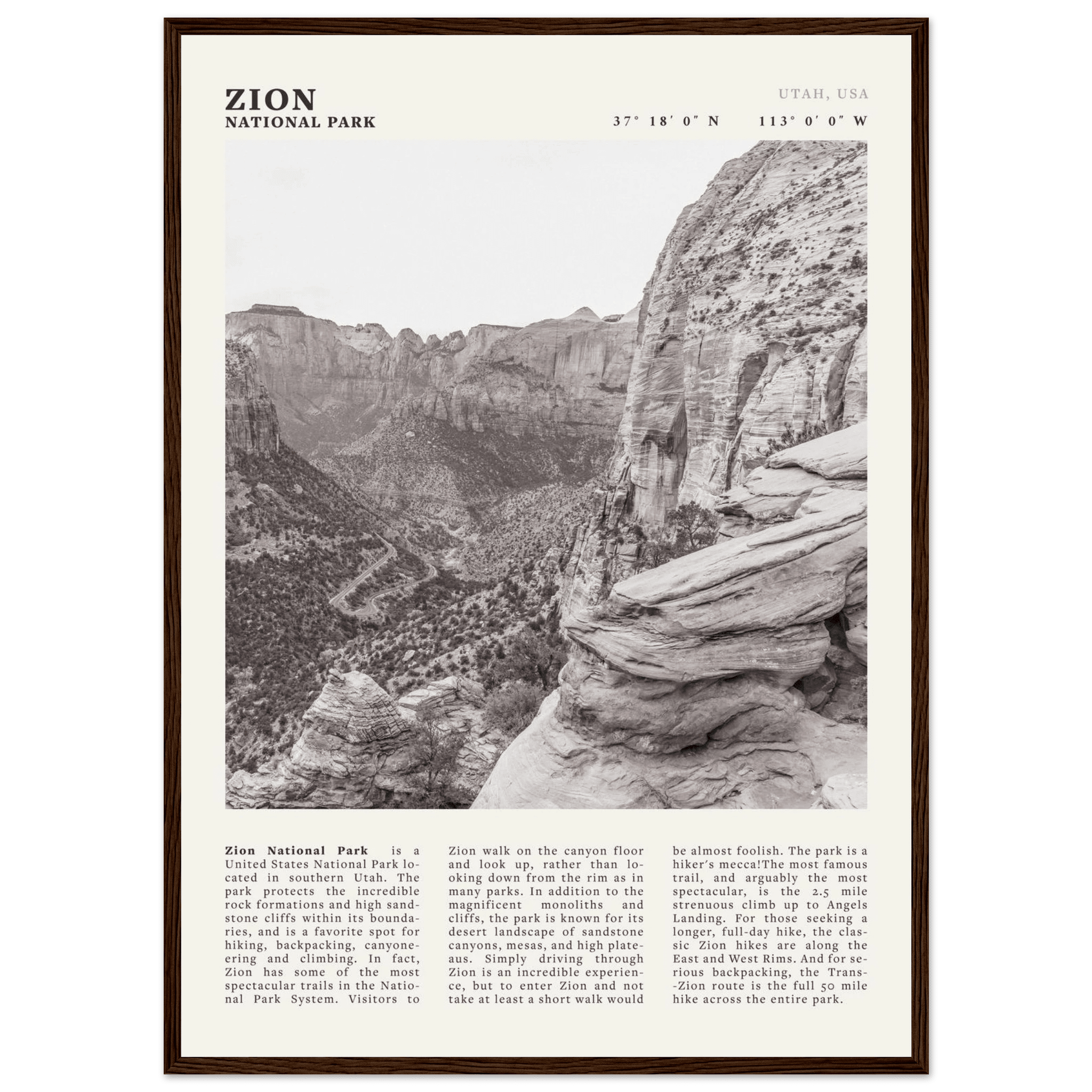 Zion National Park Poster | Black & White Utah Canyon Wall Art | USA Travel Print - Evergreen Posters