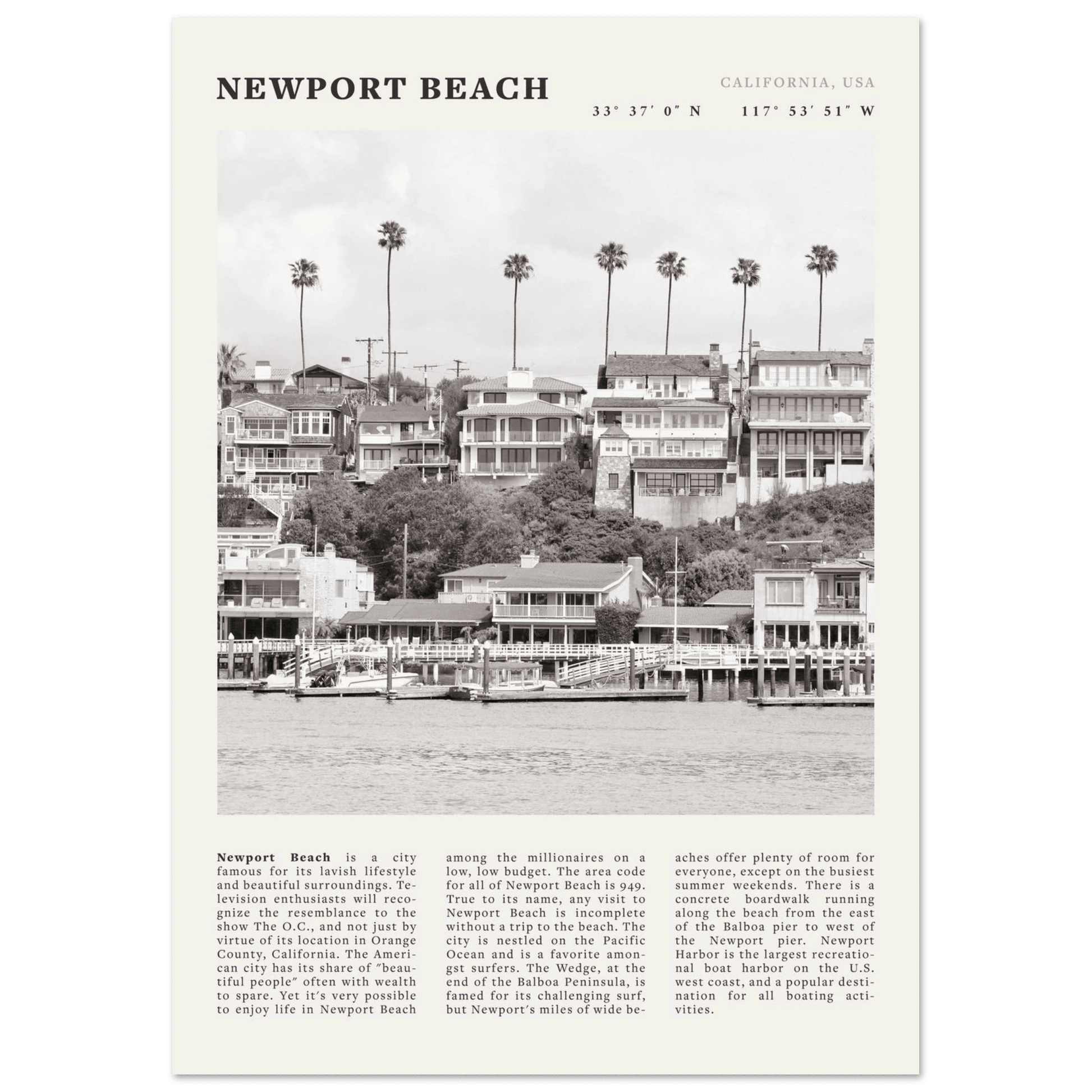 Newport Beach Poster | Black & White California Harbor Wall Art | Coastal Print - Evergreen Posters