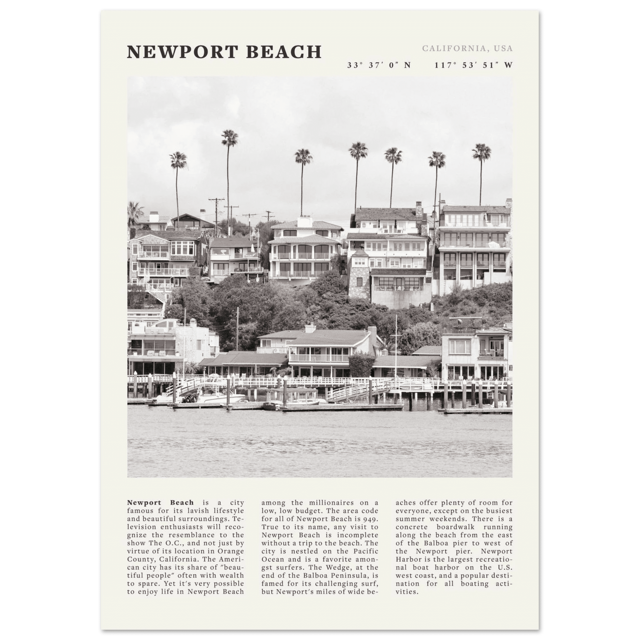 Newport Beach Poster | Black & White California Harbor Wall Art | Coastal Print - Evergreen Posters