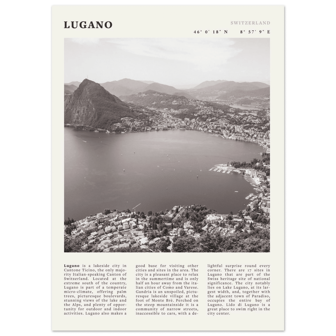 Lugano Poster | Black & White Swiss Lake Wall Art | Switzerland Travel Print - Evergreen Posters