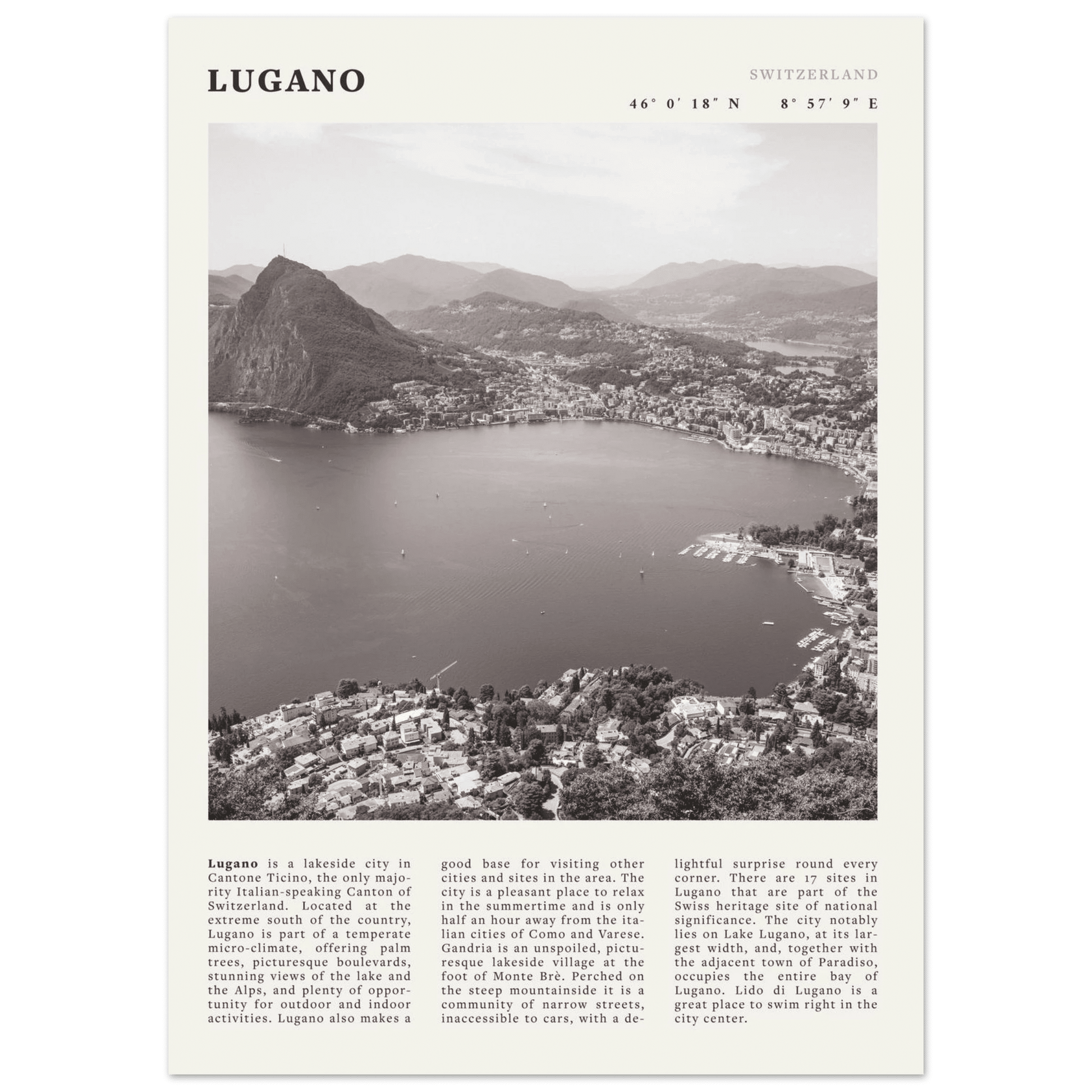 Lugano Poster | Black & White Swiss Lake Wall Art | Switzerland Travel Print - Evergreen Posters