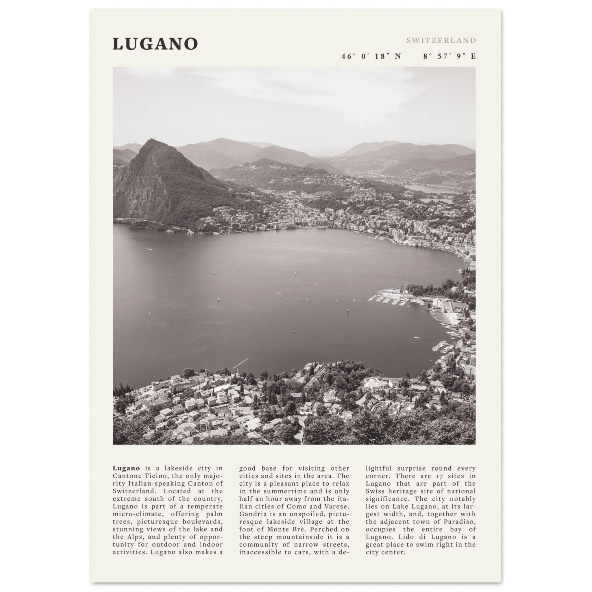 Lugano Poster | Black & White Swiss Lake Wall Art | Switzerland Travel Print - Evergreen Posters