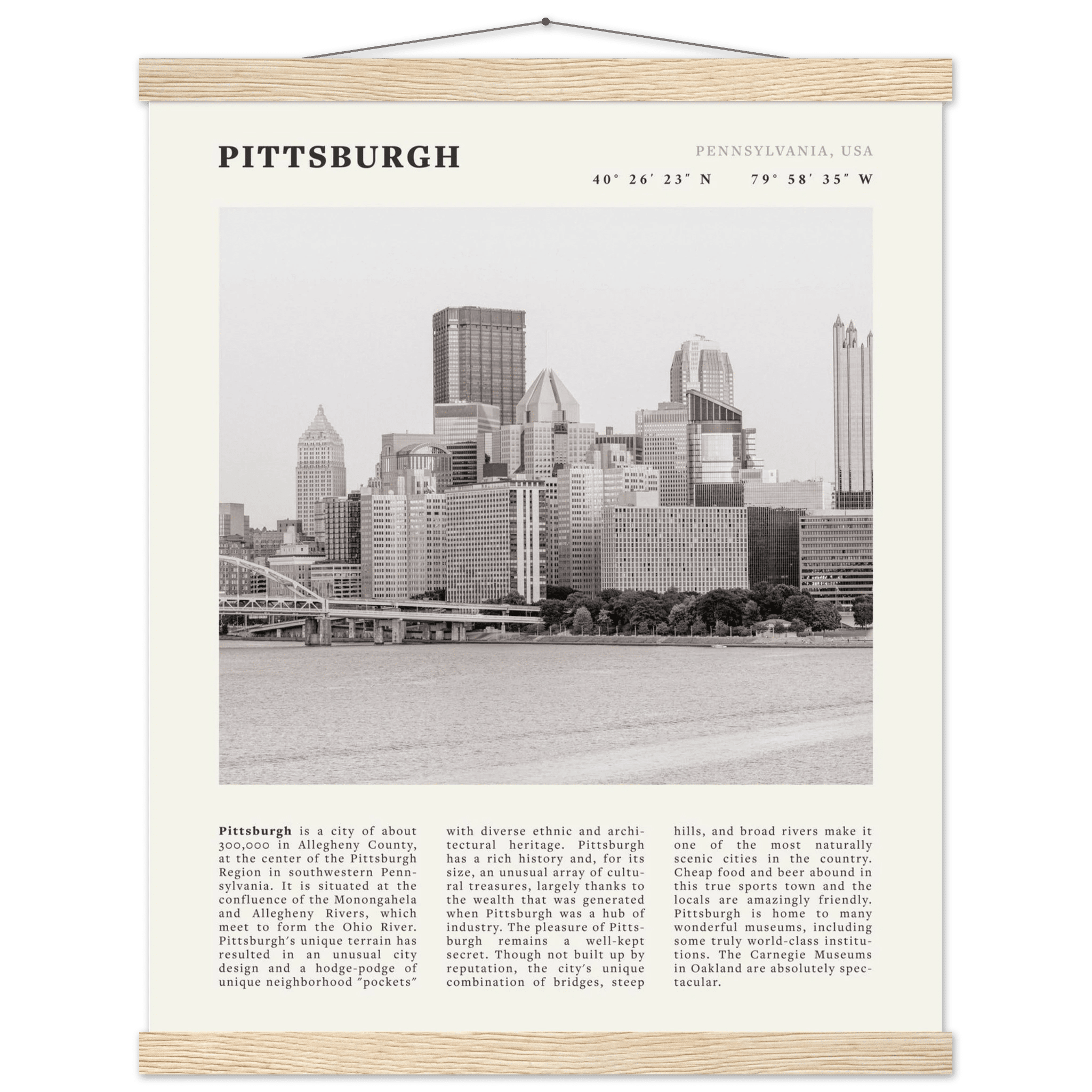 Pittsburgh Poster | Black & White Pennsylvania Skyline Wall Art | PA Travel Print - Evergreen Posters