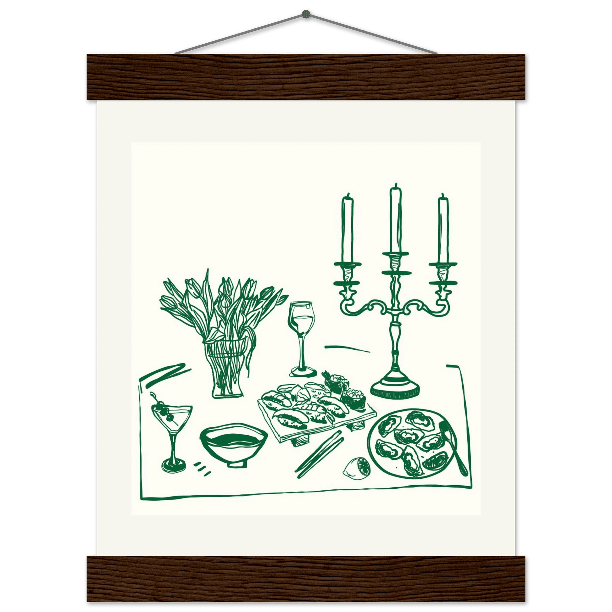 Fine Dining Table Print | Green Line Art Kitchen Wall Art | Elegant Dining Room Poster - Evergreen Posters