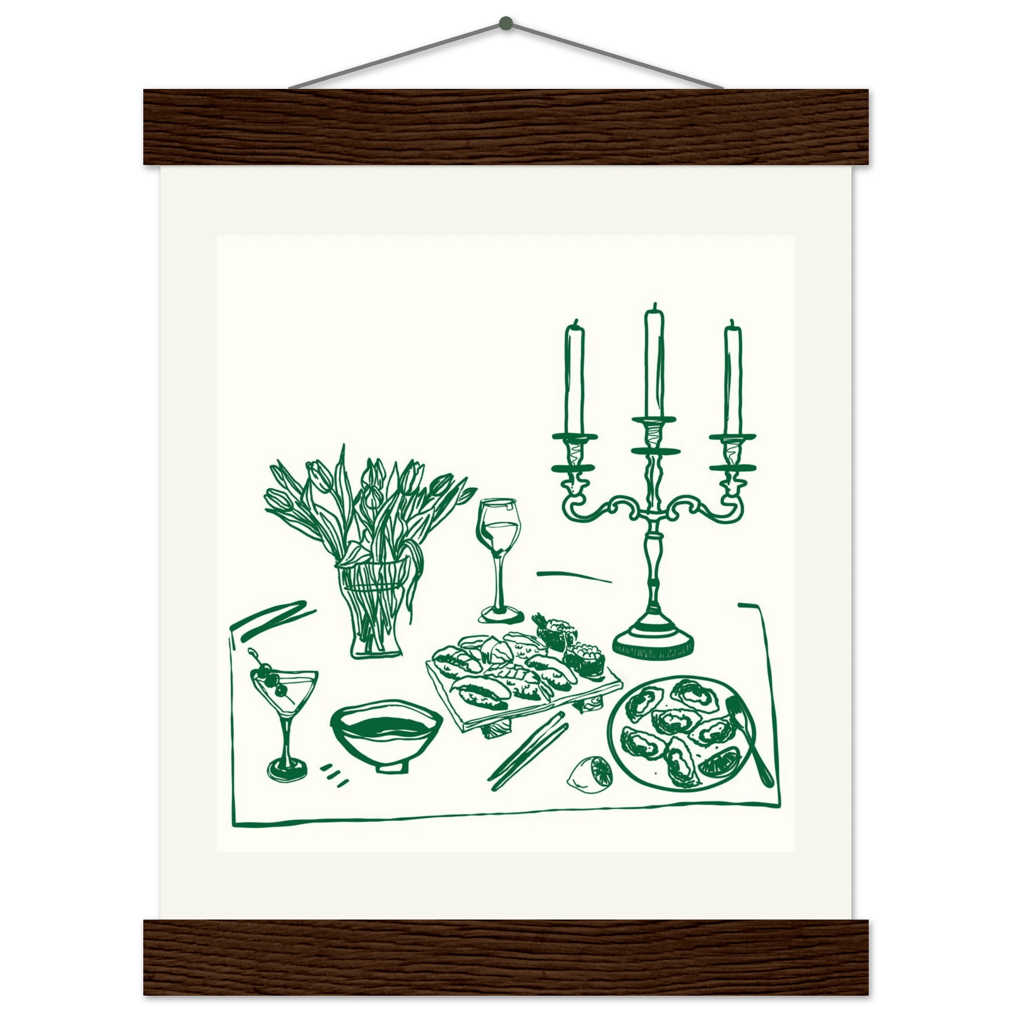 Fine Dining Table Print | Green Line Art Kitchen Wall Art | Elegant Dining Room Poster - Evergreen Posters