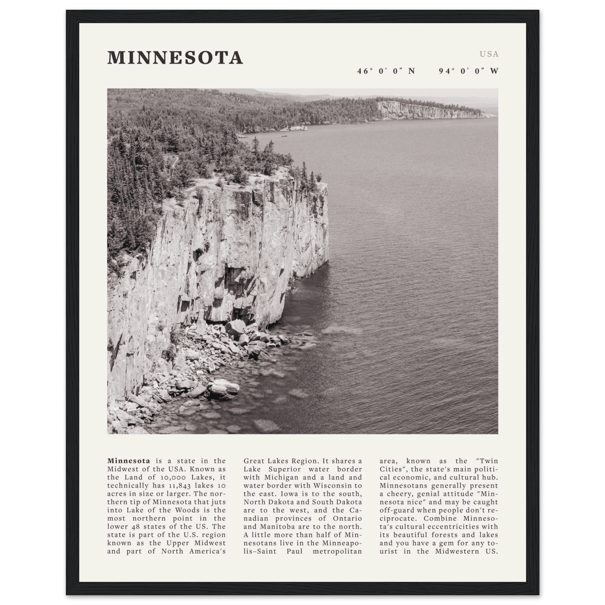 Minnesota Poster | Black & White Lake Superior Wall Art | USA Nature Travel Print - Evergreen Posters