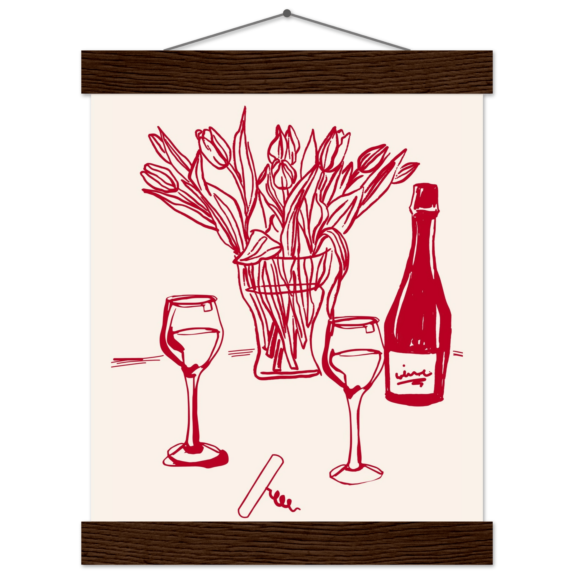 Red Wine & Tulips Print | Line Art Wine Bottle Wall Art | Kitchen Poster - Evergreen Posters