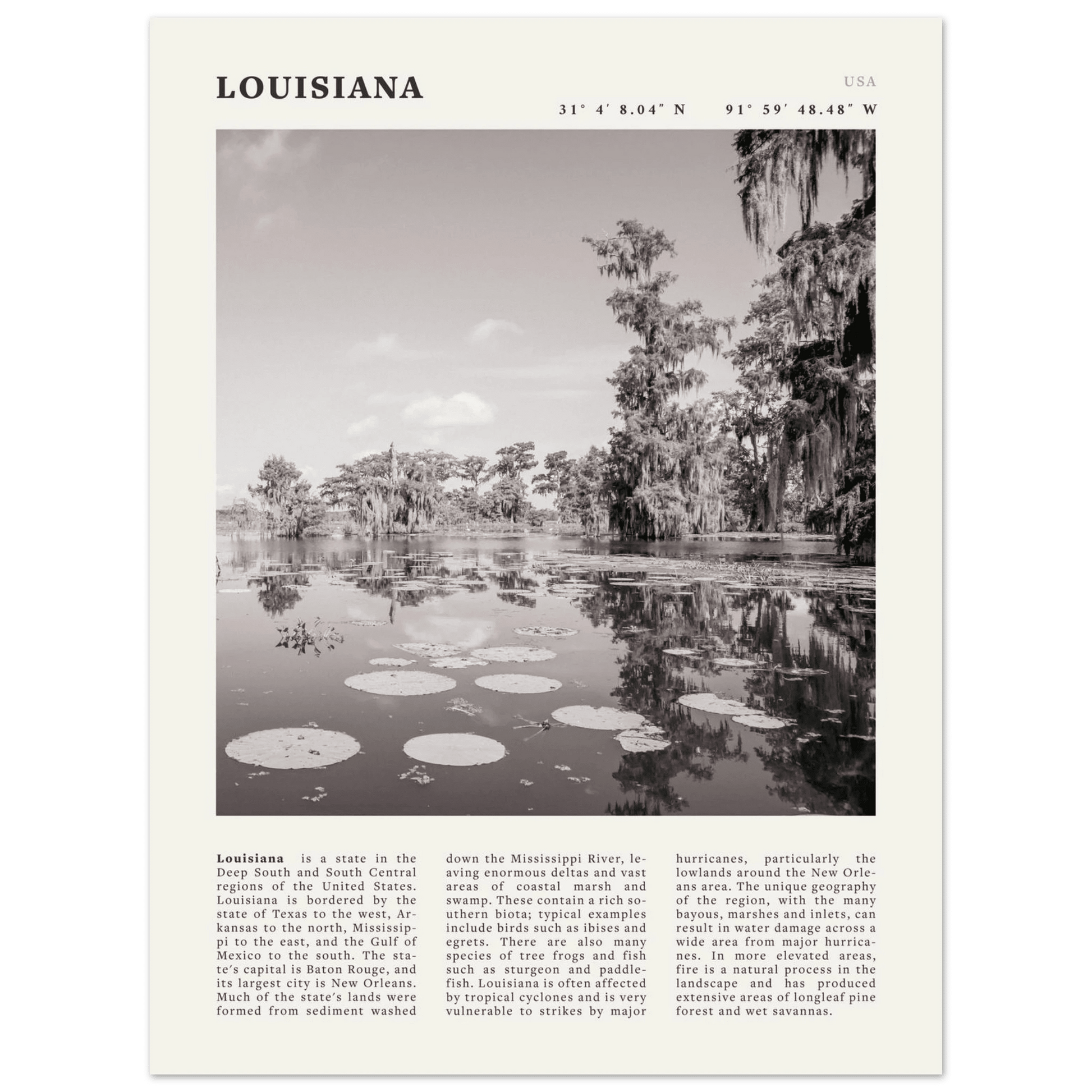Louisiana Poster | Black & White Bayou Wall Art | Southern USA Travel Print Decor - Evergreen Posters