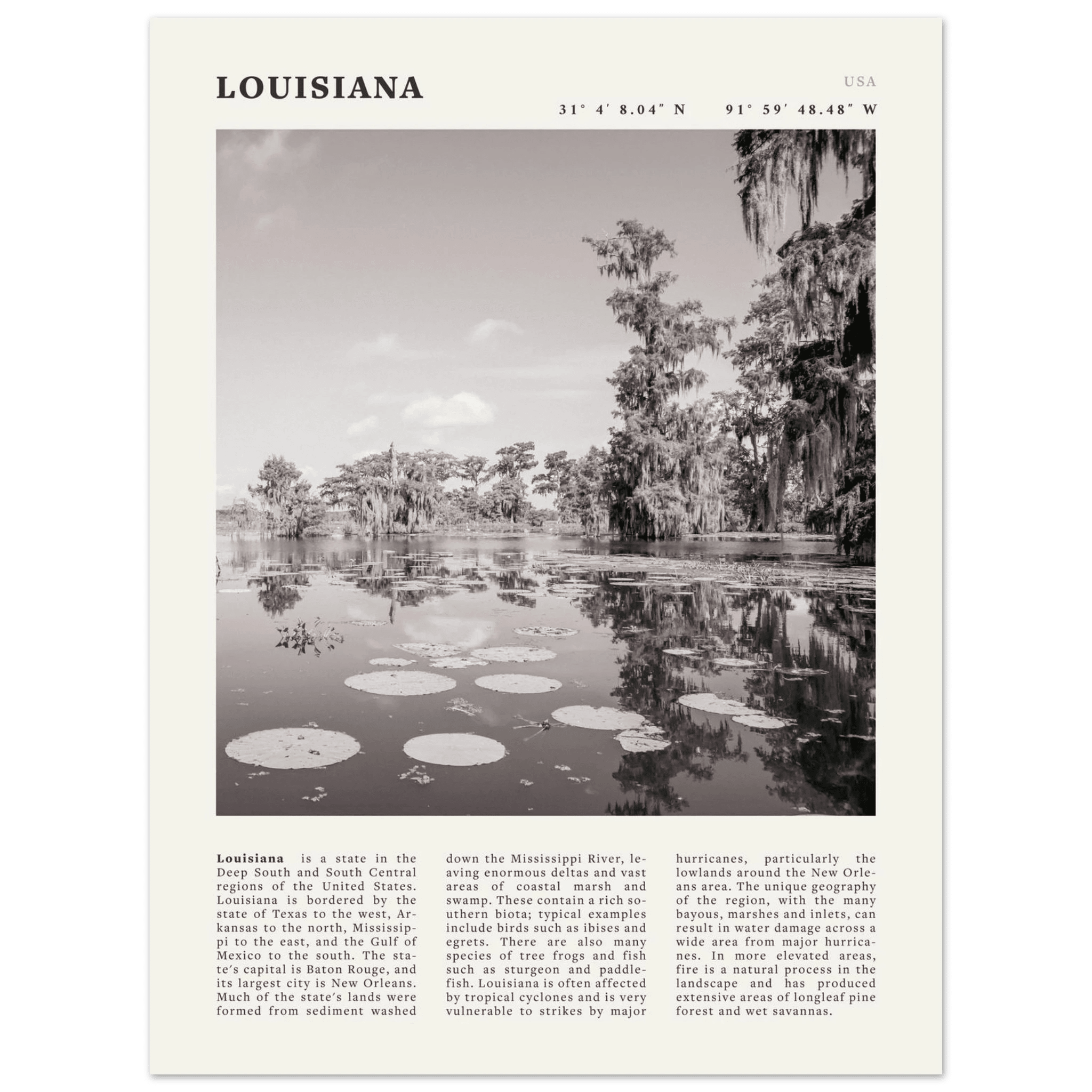 Louisiana Poster | Black & White Bayou Wall Art | Southern USA Travel Print Decor - Evergreen Posters