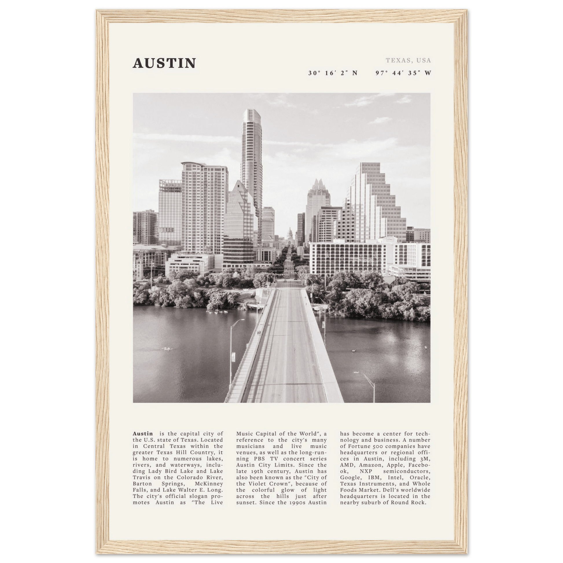Austin Poster | Black & White Texas Skyline Wall Art | City Travel Print Decor - Evergreen Posters
