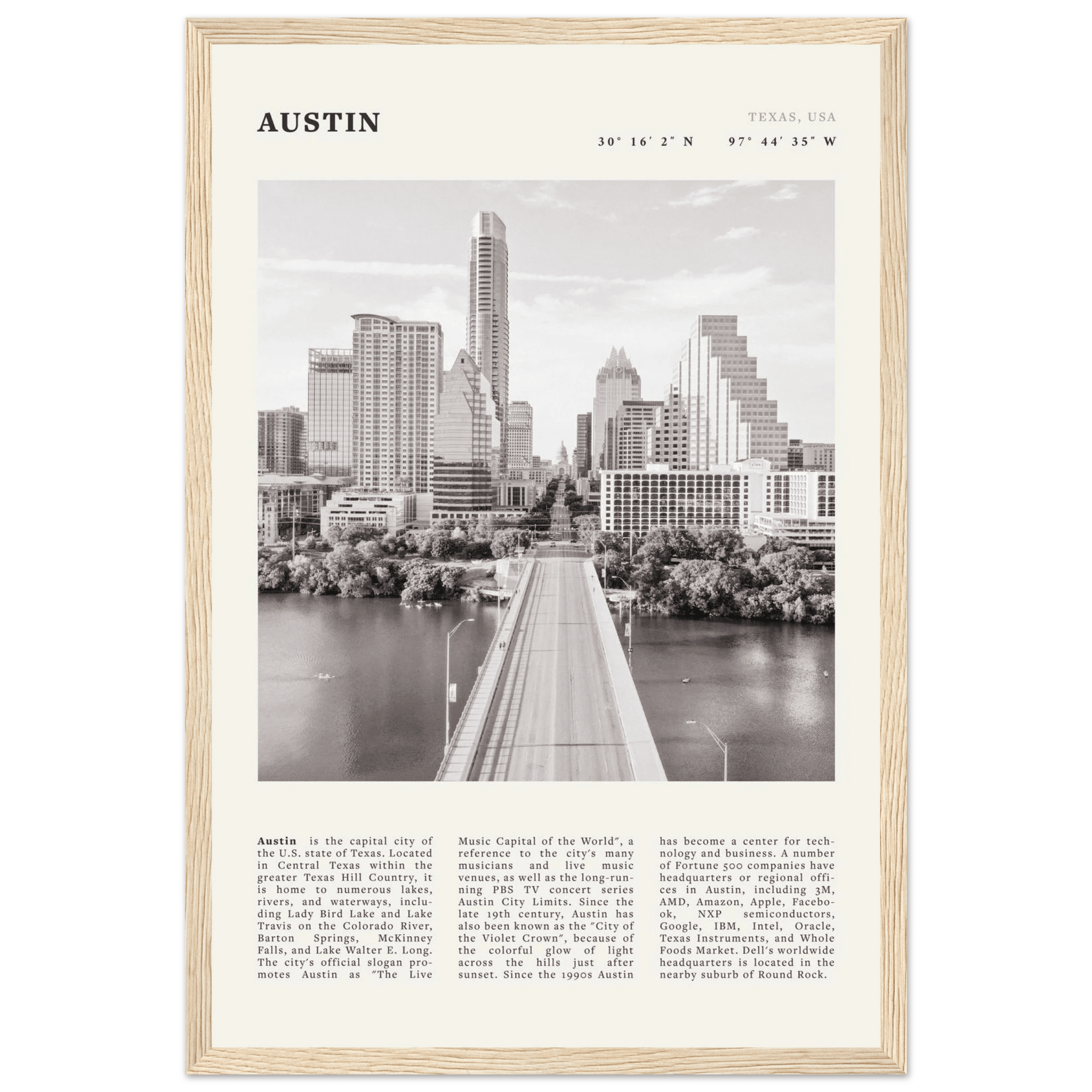 Austin Poster | Black & White Texas Skyline Wall Art | City Travel Print Decor - Evergreen Posters