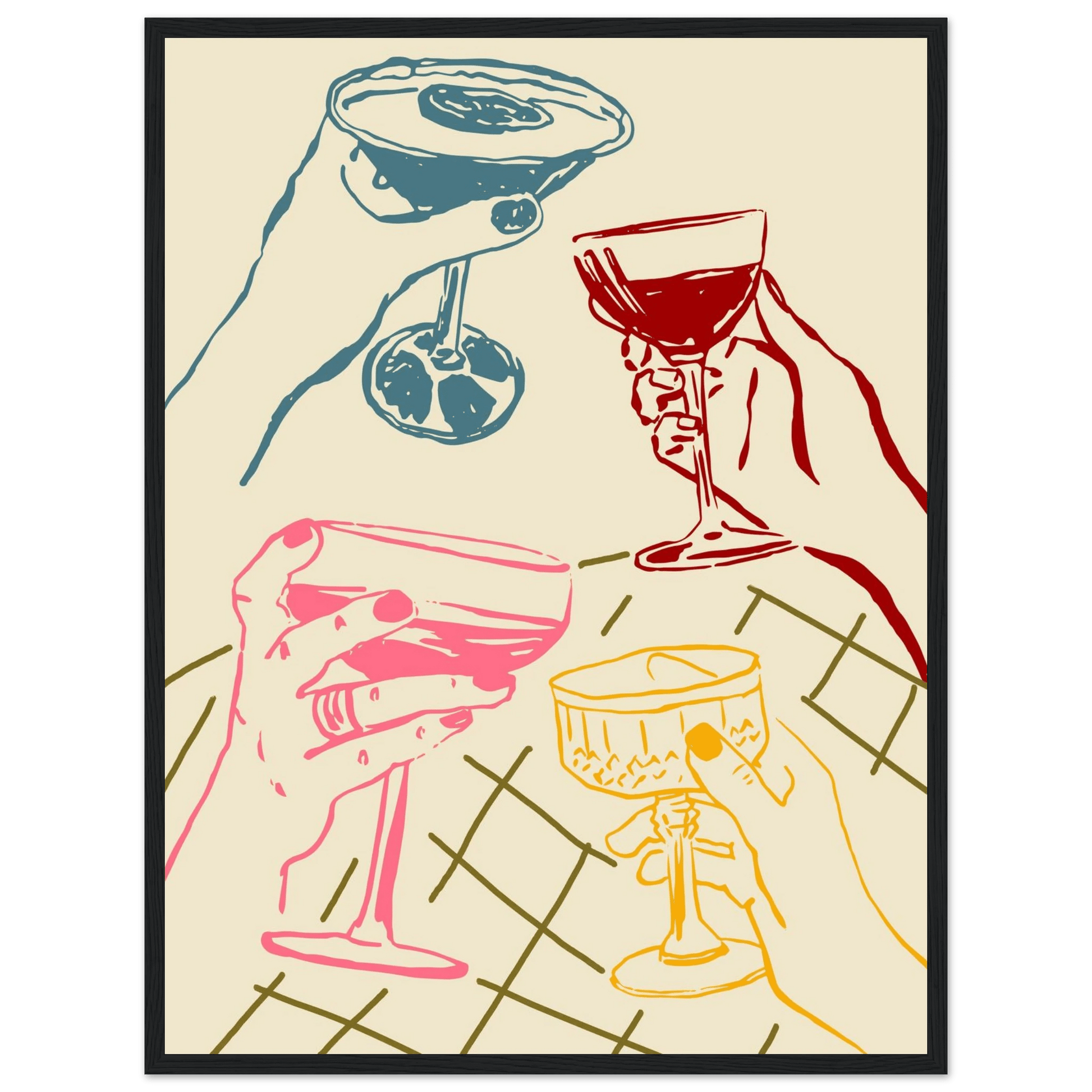 Cheers Print | Colourful Cocktail Glasses Wall Art | Kitchen Bar Poster - Evergreen Posters