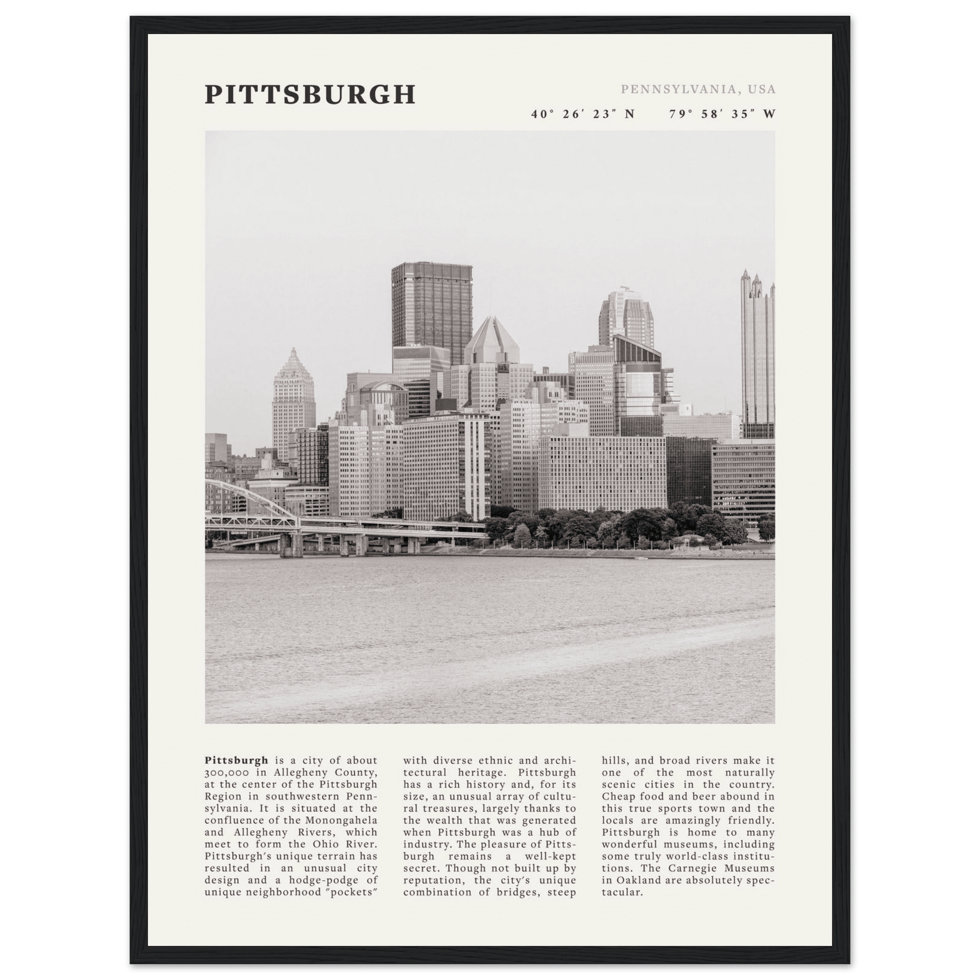 Pittsburgh Poster | Black & White Pennsylvania Skyline Wall Art | PA Travel Print - Evergreen Posters