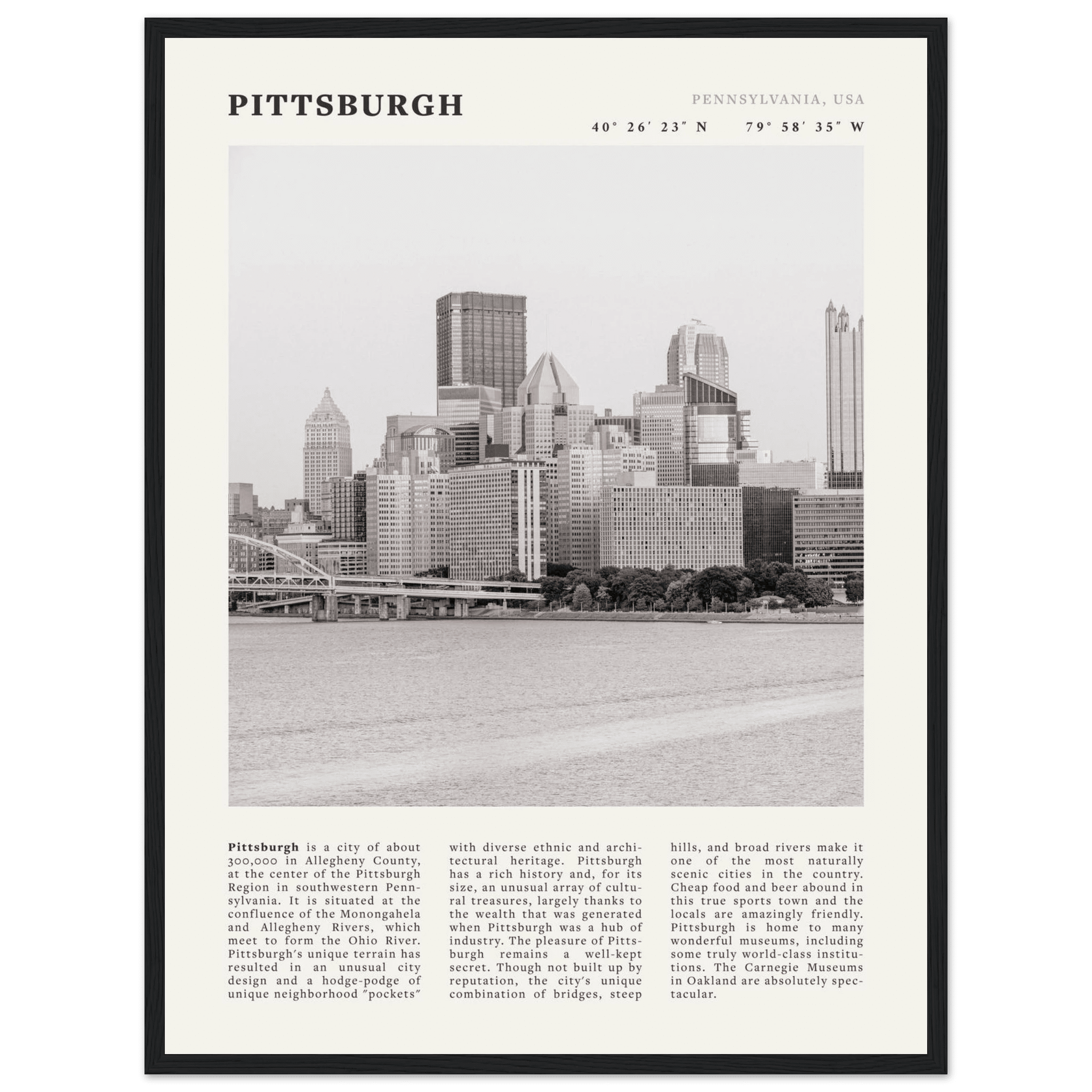 Pittsburgh Poster | Black & White Pennsylvania Skyline Wall Art | PA Travel Print - Evergreen Posters