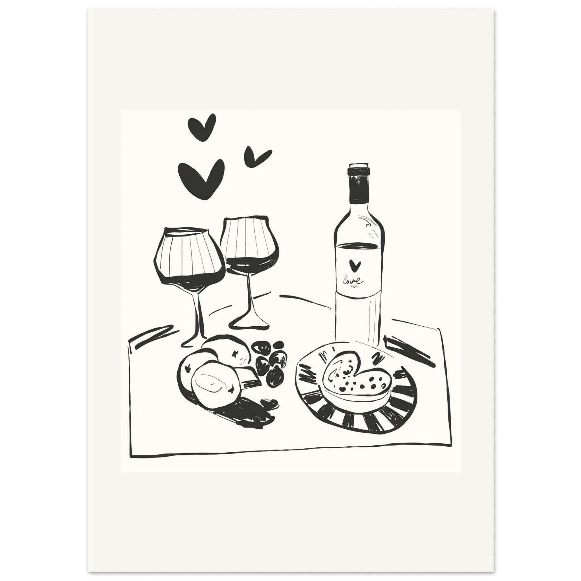 Wine for Two Print | Black Line Art Romantic Kitchen Wall Art | Couples Poster - Evergreen Posters