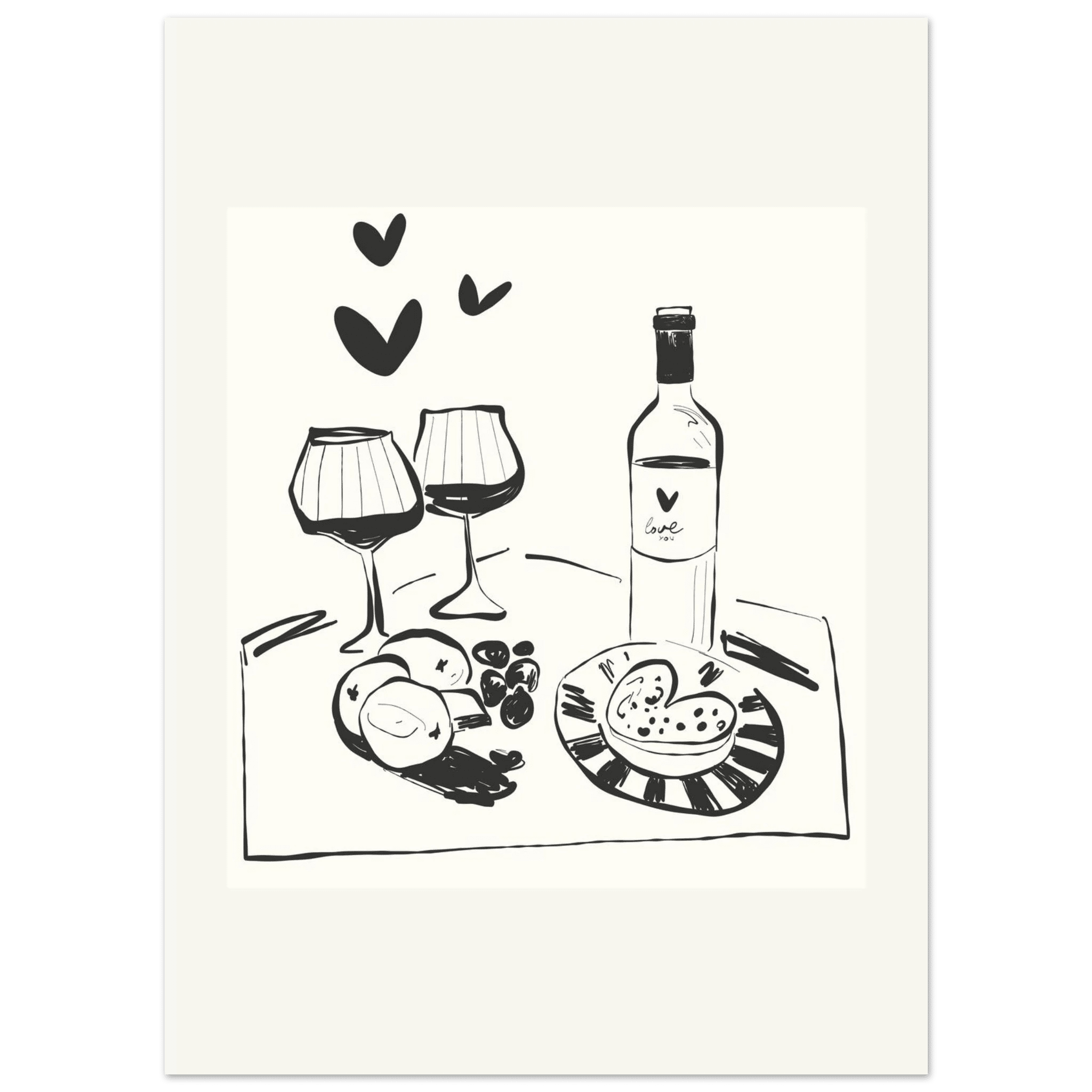 Wine for Two Print | Black Line Art Romantic Kitchen Wall Art | Couples Poster - Evergreen Posters