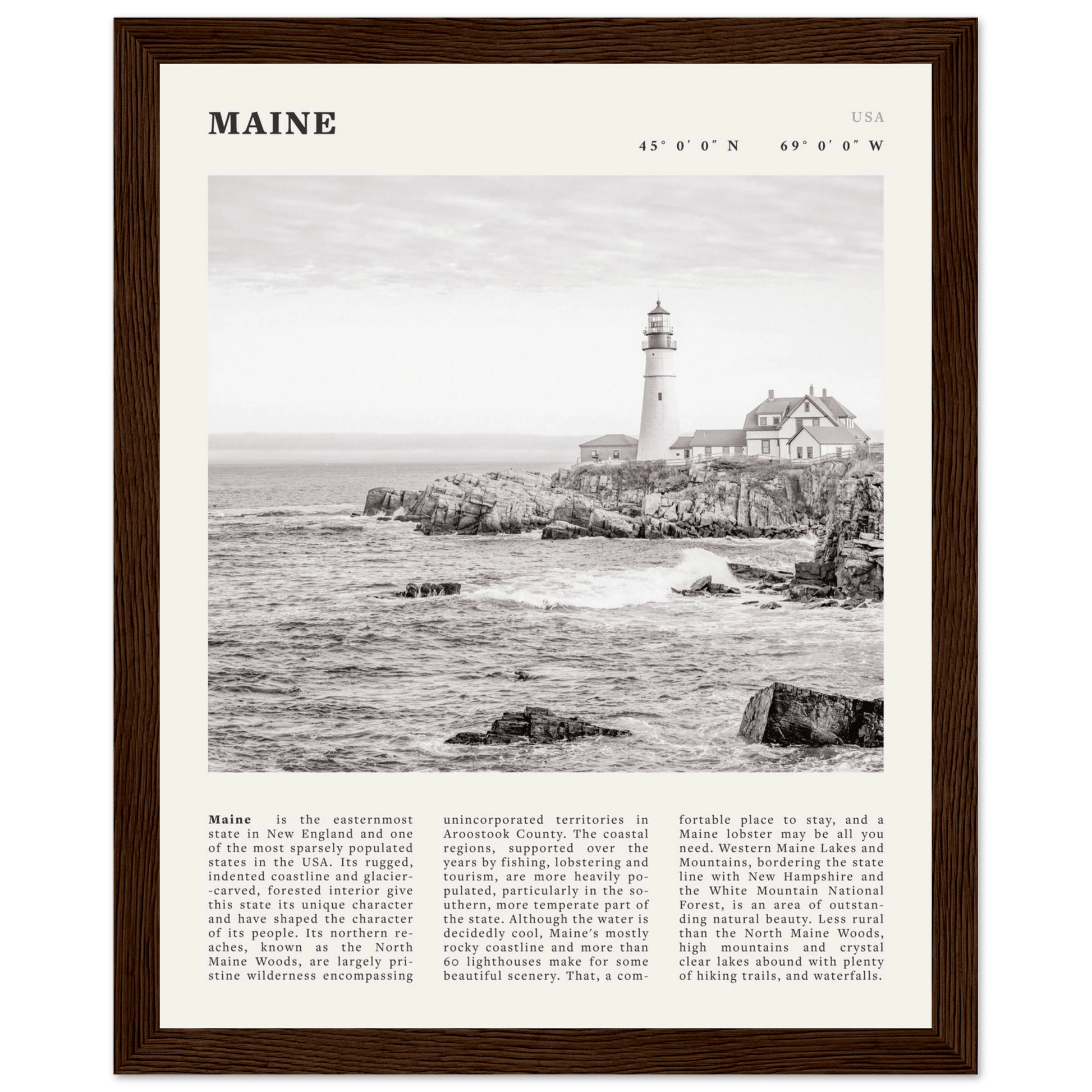 Maine Poster | Black & White Lighthouse Wall Art | New England Coastal Travel Print - Evergreen Posters